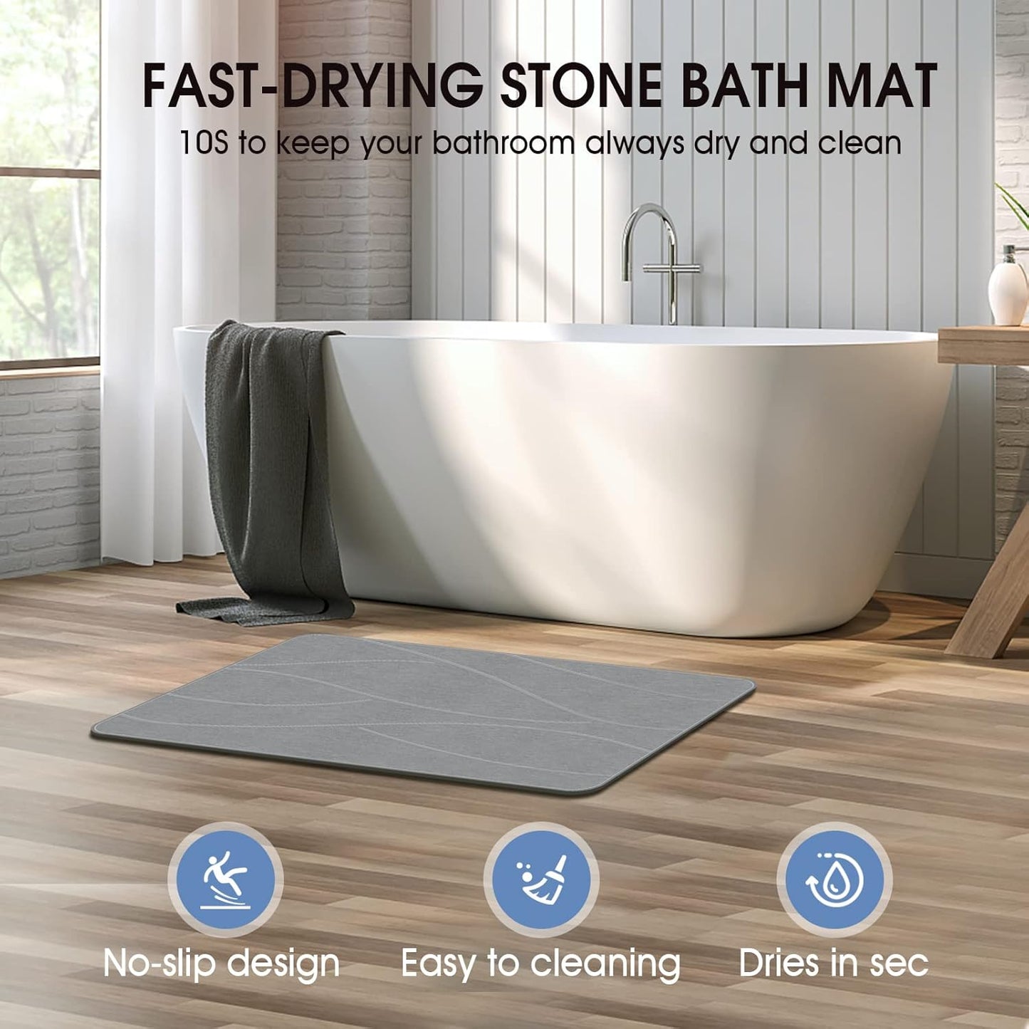 Stone Bath Mat Diatomaceous Earth Shower Mat Non-Slip Super Absorbent Diatomite Stone Bath Mats for Bathroom Floor Quick Drying Natural Easy to Clean(23.6''×15.4" Gray)
