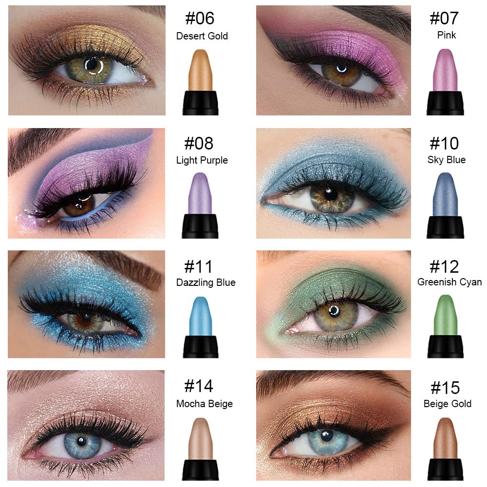 8Pcs Glitter Eye Shadow Sticks Liner Pencils Makeup Set, Desert Mocha Beige Gold Light Purple Pink Sky Dazzling Blue Geen Glitter Shimmer Eyeliner Pencil Cream Eyeshadow Palette Makeup for Older Women