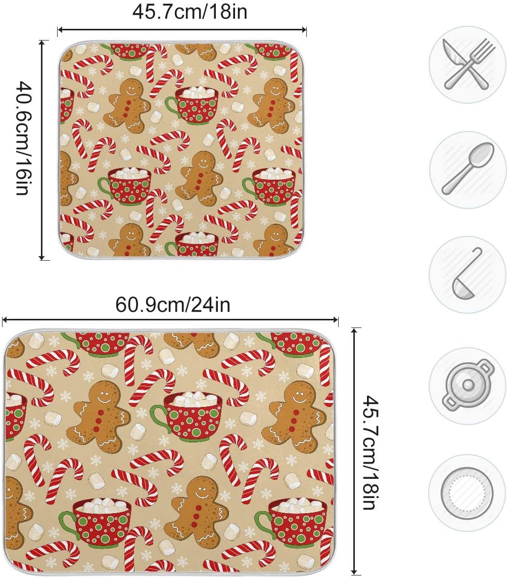 Christmas Gingerbread Man Candy Cane Dish Drying Mat for Kitchen Winter Snow Snowflake Snowman Xmas Microfiber Drying Mats Absorbent Reversible Dish Pad Large Dish Draining Mat 18x24 inch