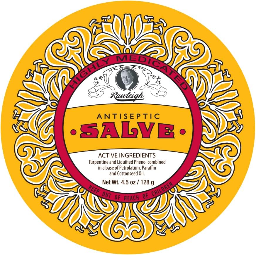 Rawleigh Antiseptic Salve Iconic Yellow Big Tin: 4.5 oz, Multi-Purpose Ointment Soothes Cuts, Bruises, Irritations, with Turpentine, Phenol, Cottonseed Oil & Paraffin, Original Formula - Pack of 6