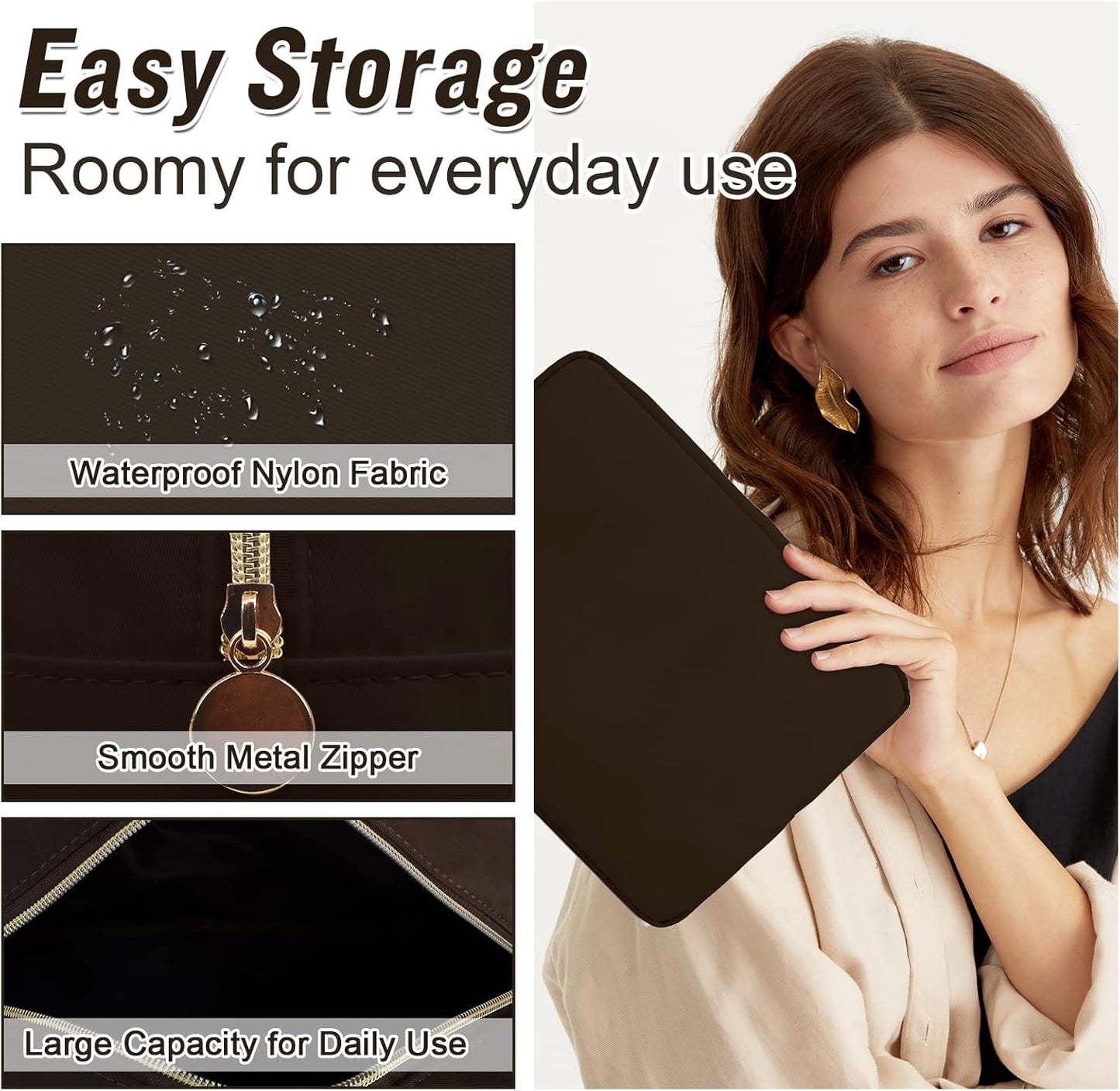 Nylon Large Makeup Bag Travel Pouch for Women, Preppy Big Makeup Bag Cute Cosmetic Zipper Pouch Purse, DIY Chenille Letter Bag Waterproof Toiletry Bag Clutch Make Up Organizer for Women Girls(Brown)