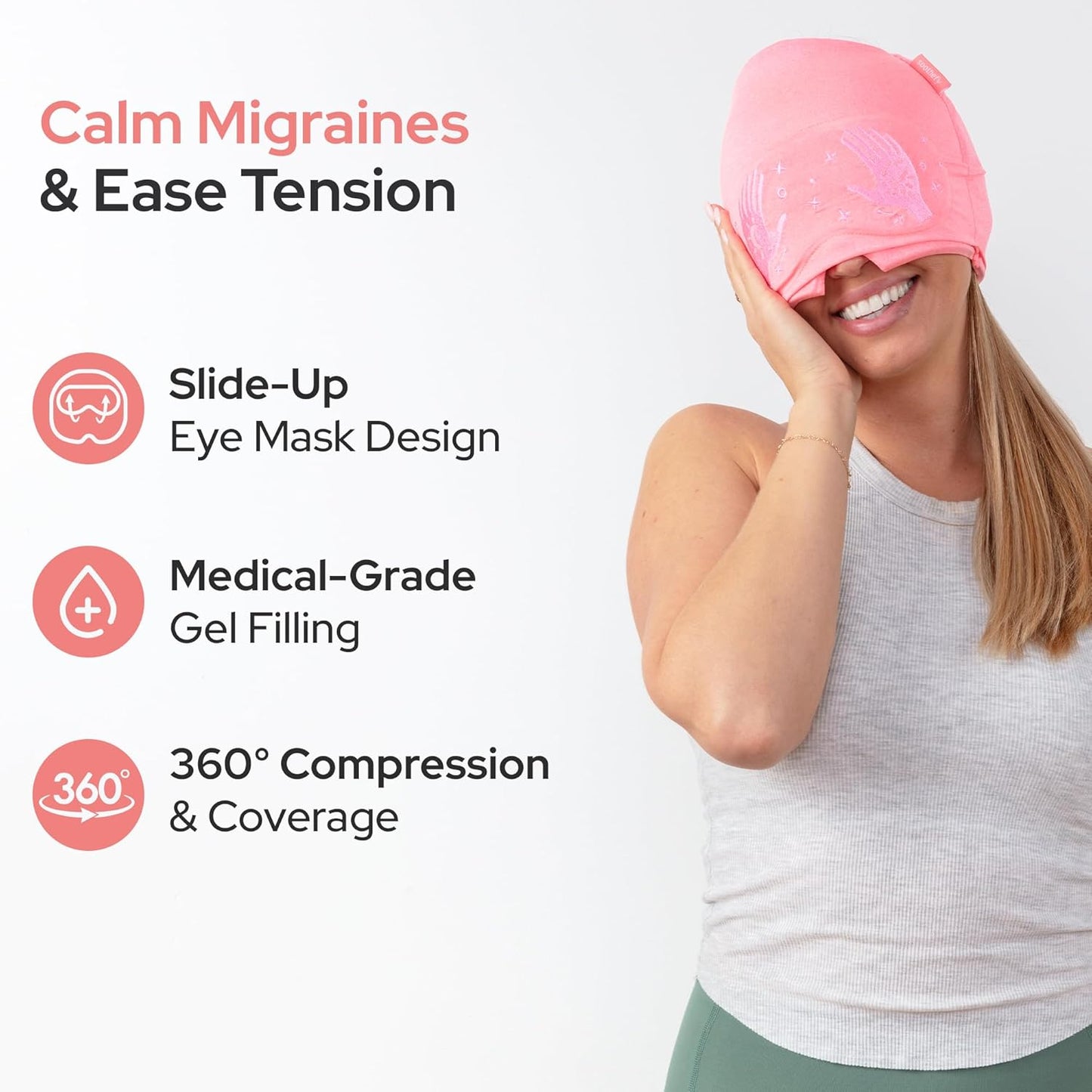 Migraine Relief Cap - Built-in Slide-Up Eye Mask - Natural Headache Relief - 360° Compression Hangover Hat with Cooling Gel for Tension and Stress