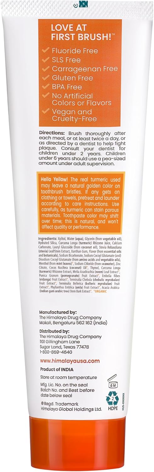 Himalaya Botanique Turmeric & Coconut Oil Whitening Antiplaque Herbal Toothpaste, Whitens Teeth, Fluoride Free, No Artificial Flavors, SLS Free, Vegan, Cruelty Free, Foaming, Mint Flavor, 4 Oz, 4 Pack