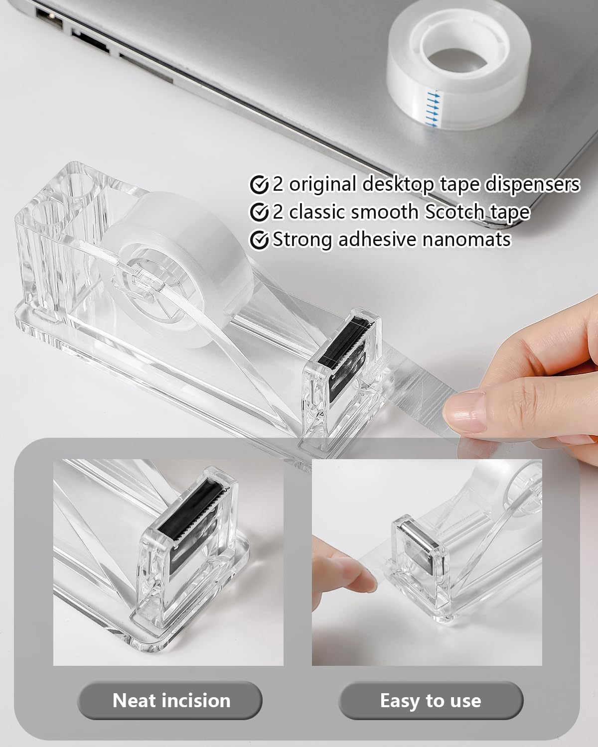 2-Piece Acrylic Tape Dispenser Desk - Durable, Stylish, and Versatile for Home, Office, or School - Fits Standard Tape Rolls - Desktop Convenience for Easy Organization（Silvery）