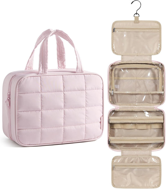 BAGSMART Travel Toiletry Bag for Womne, Hanging Travel Bag for Toiletries, Puffy Makeup Cosmetic Bag Organizer, Carry-on Travel Accessories Essentials, Pink