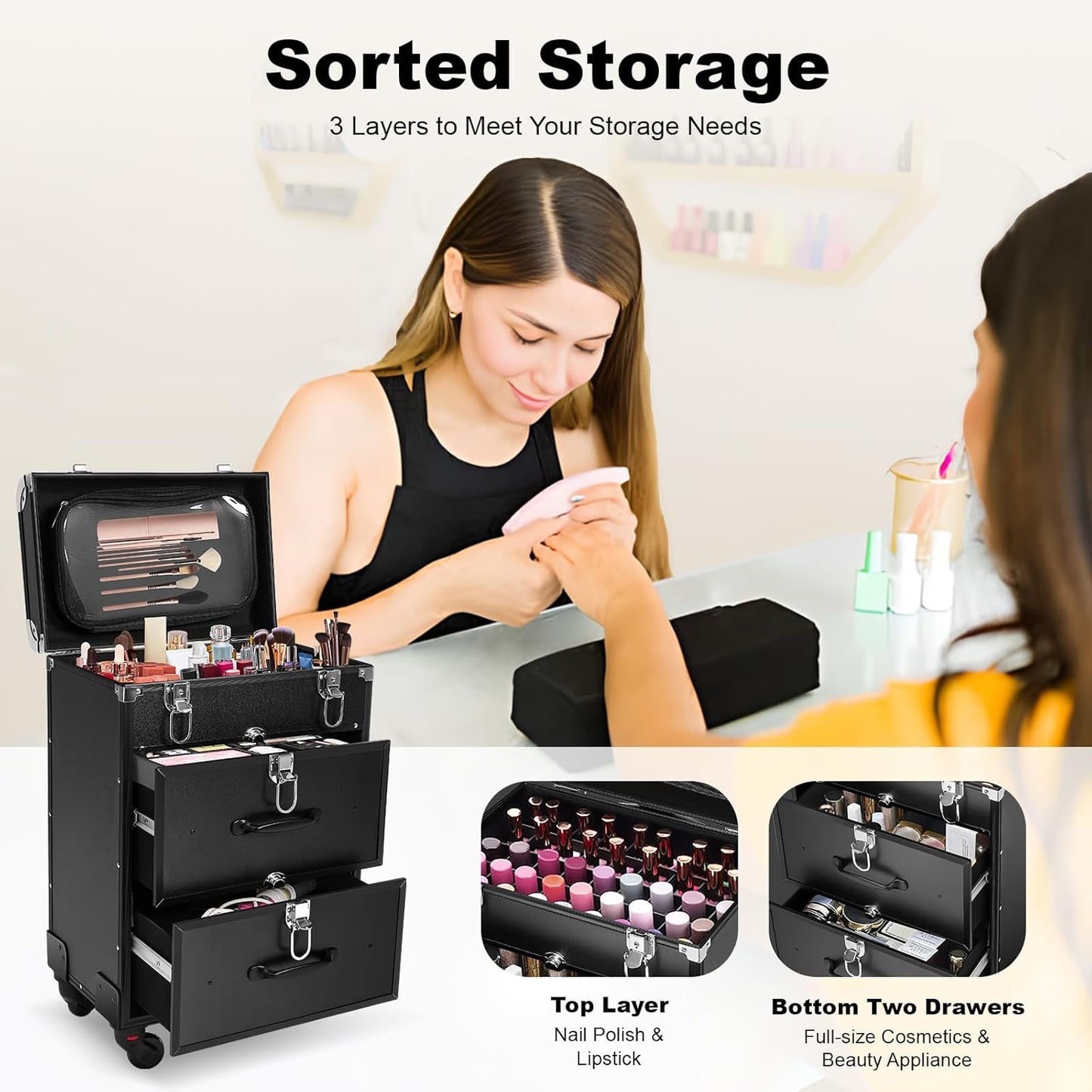 Lockable Makeup Train Case,110lbs Rolling Hairdressing Trolley,Beauty Salon Cosmetic Luggage with Universal Wheels for Hair Stylist,Make-up Artists,Hairdressers (Black 5)