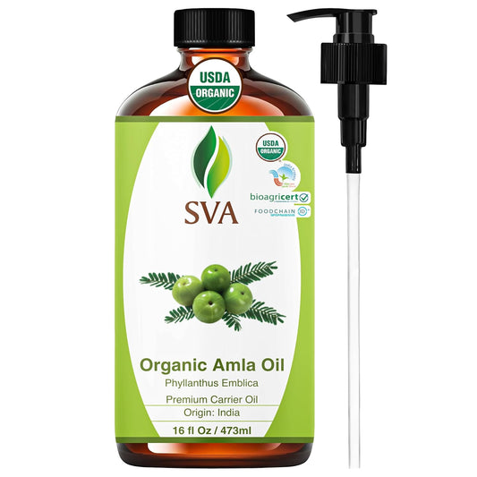 SVA Amla Oil Organic - 16 Fl Oz – 100% Natural Cold Pressed Organic Amla - for Face, Skin Care, Hair Care, Scalp Massage & Body Massage – Carrier Oil