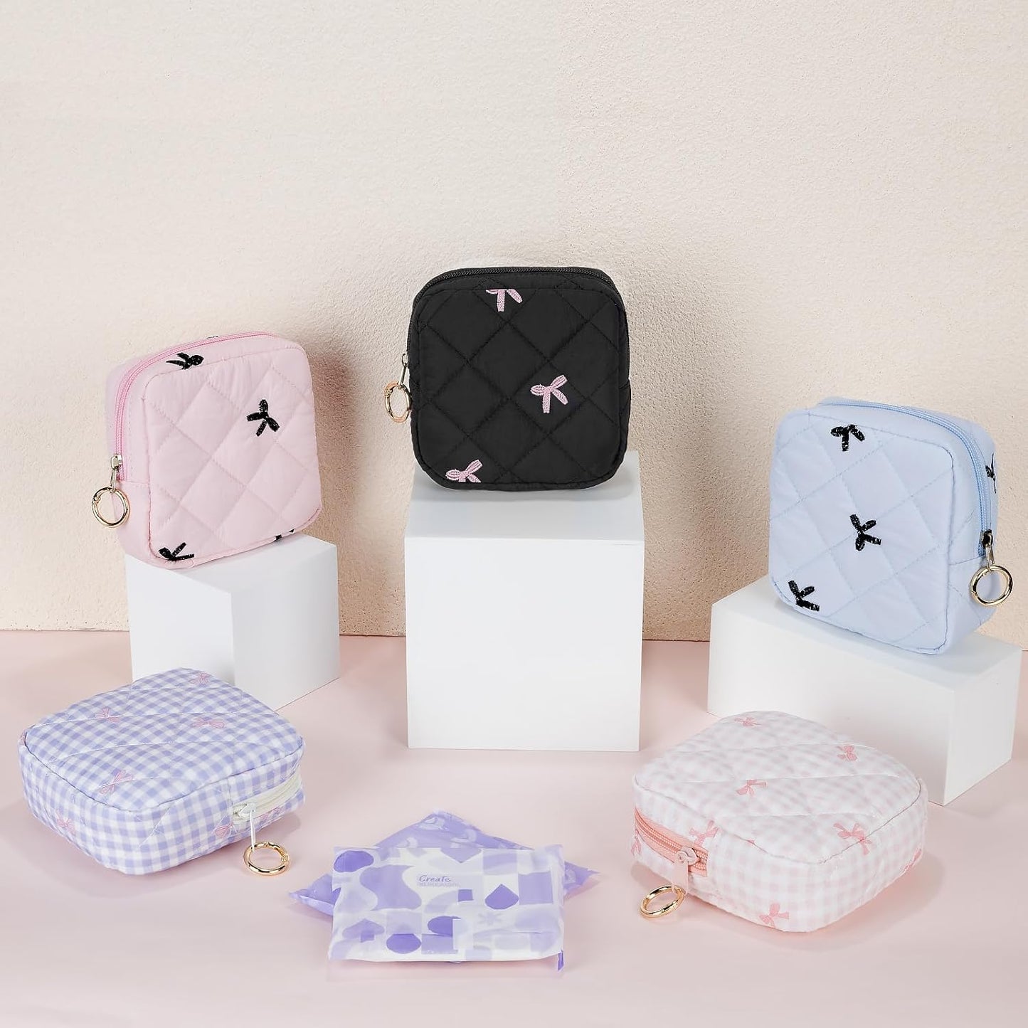 Period Bag for Teen Girls, Quilted Sanitary Napkin Storage Bag, Cute Bow Tie Menstrual Pad Pouch Tampon Holder (Pink)