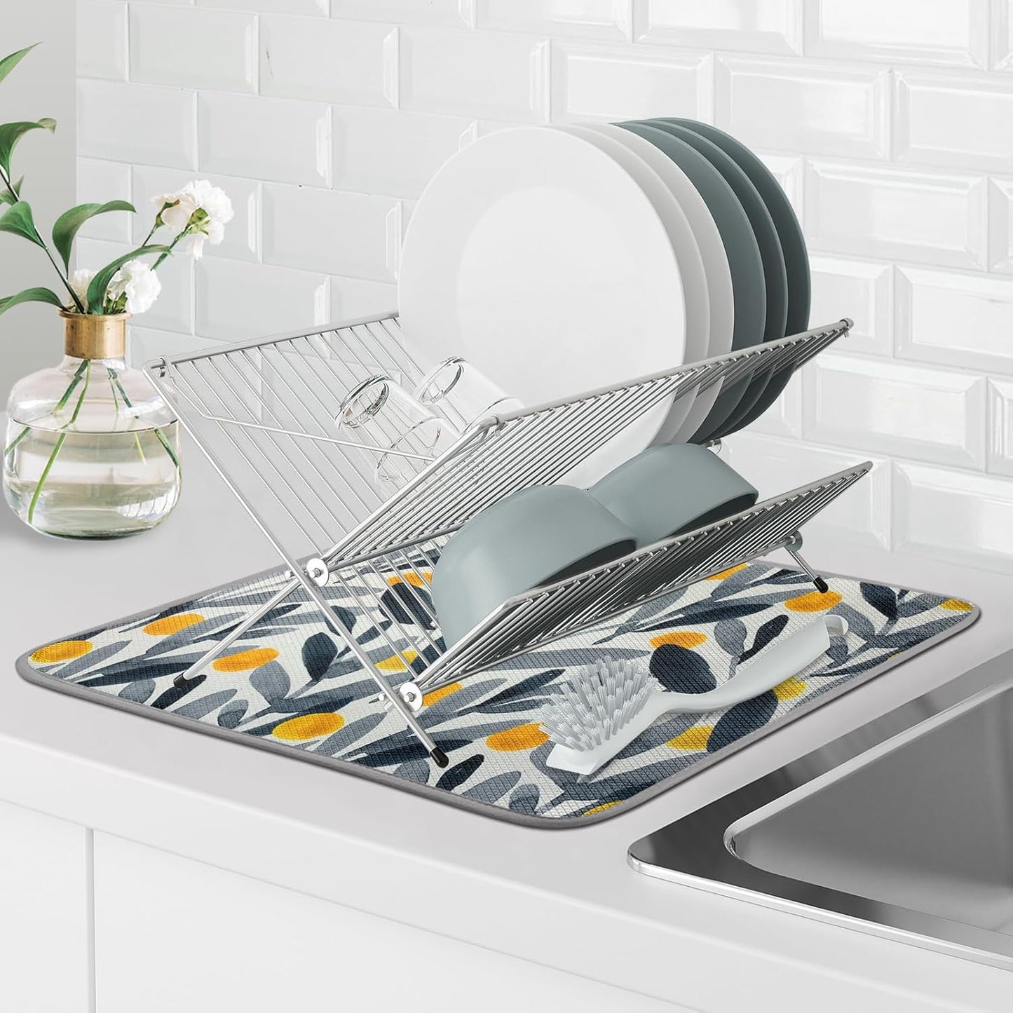 SHIYUE Dish Drying Mat for Kitchen Counter Super Absorbent Spring Kitchen Decor Microfiber Drying Matainers Rack Fast Pad Dish Drainer Mats(Watercolor Leaves,16''x18'')