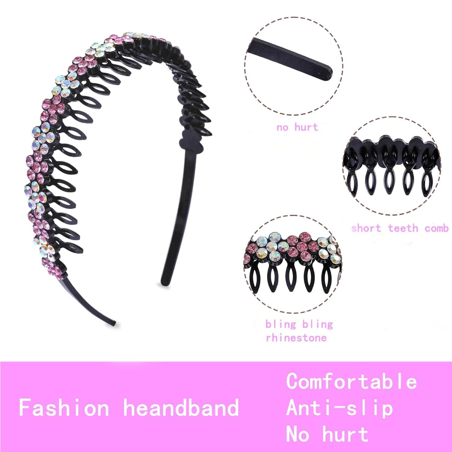 Rhinestone Headband with Teeth Comb Flower Glitter Headband for Women Girls Sparkly Crystal Plastic Hairband Non Slip Hair Hoop Hair Accessories for Ladies Girls with 4PCS