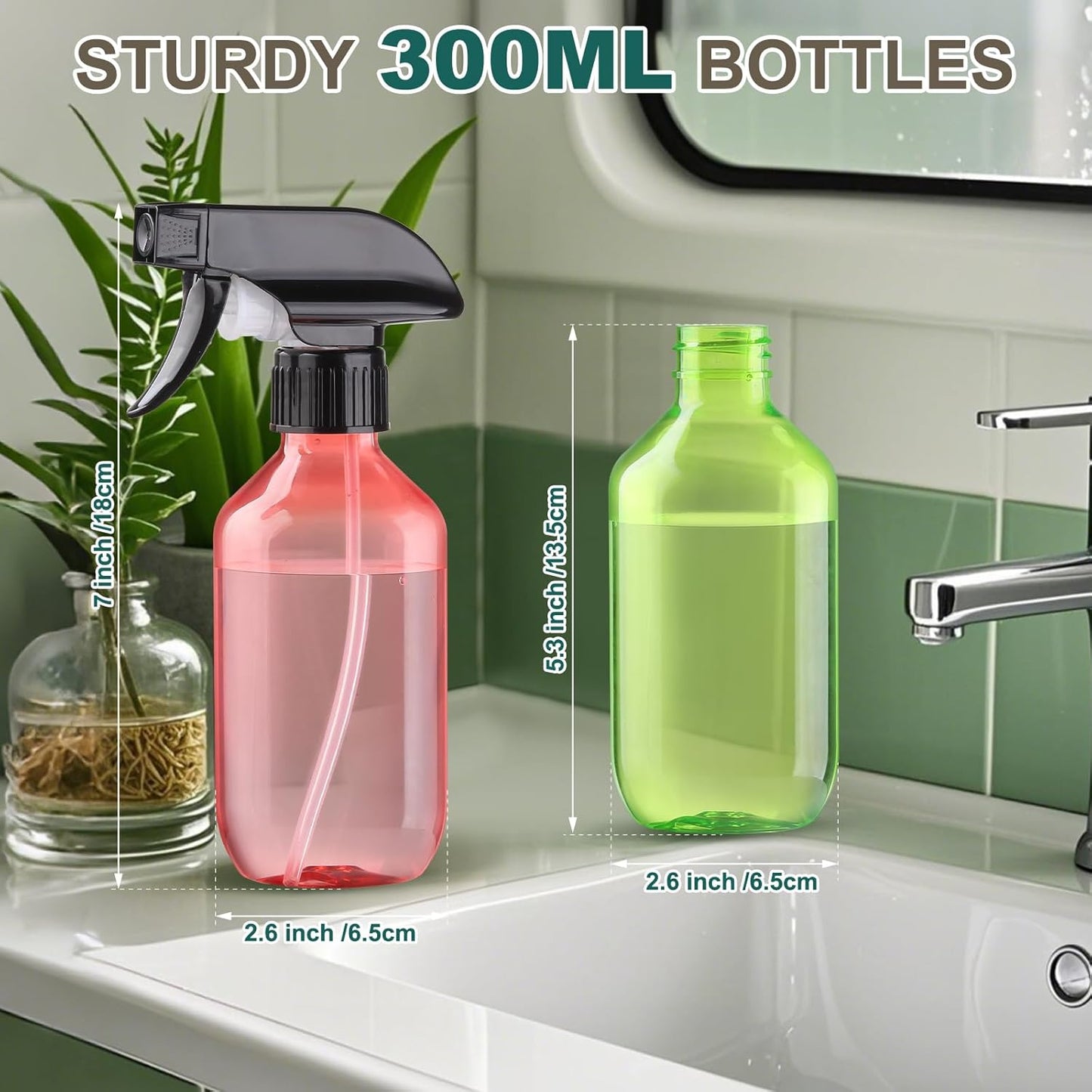 Bynccea Plastic Spray Bottles 2 Packs - 10 oz/300 ml Empty Water Spray Bottles - BPA Free Plastic Refillable Containers for Hair, Gardening, Plants