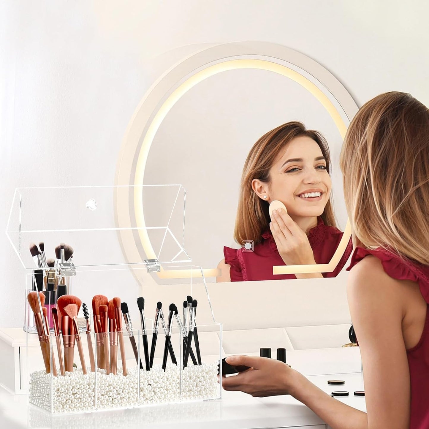 Acrylic Makeup Organizer, Clear Cosmetic Brush Storage Box With 4 Brush Holders,Makeup Brush Holder with Dust Cover, Large-capacity Split Design Can Quickly Organize the Desktop（No pearls）