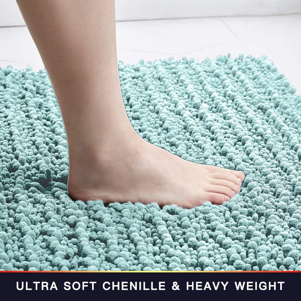 Walensee Bathroom Rug 2 Pieces Set Non Slip Bath Mat (20"x32" Plus 20"x24" U spa Blue) Water Absorbent Super Soft Shaggy Chenille Machine Washable Dry Extra Thick Perfect Carpet for Shower Floor