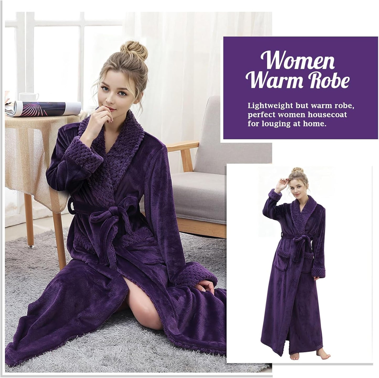 Hellomamma Long Bath Robe for Womens Plush Soft Fleece Bathrobes Nightgown Ladies Pajamas Sleepwear Housecoat