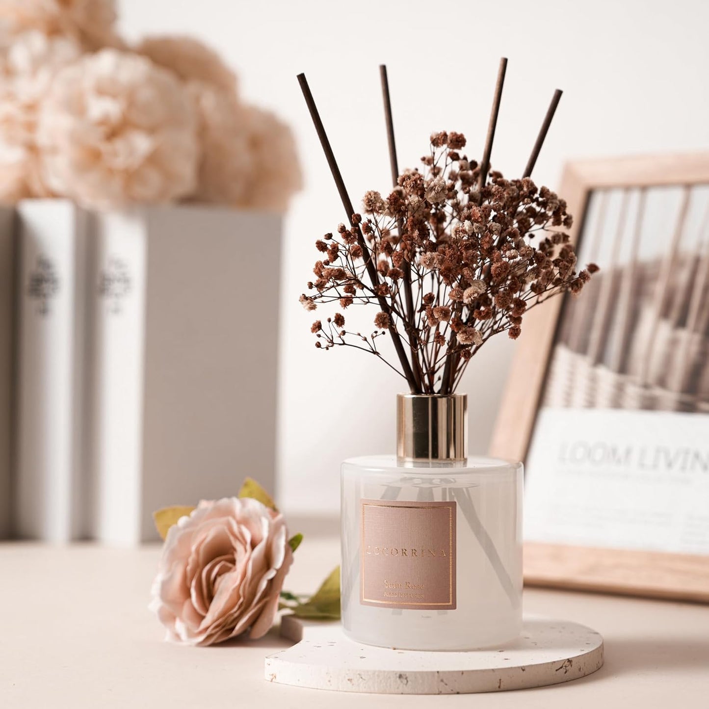Cocorrína Reed Diffuser Sets- Satin Rose Scented Diffuser with Sticks Home Fragrance Reed Diffuser for Bathroom Shelf Decor
