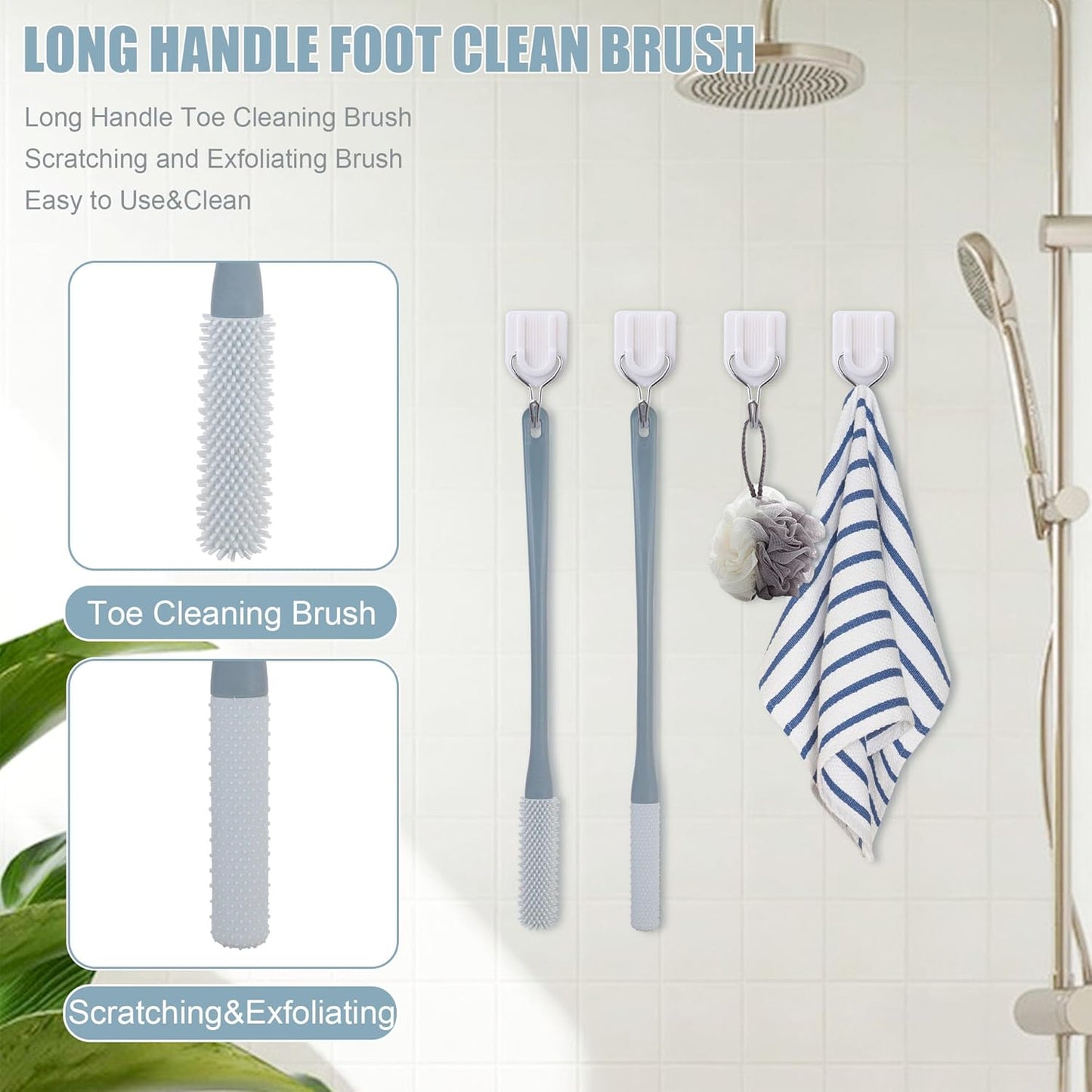 OWIIZI Toe Cleaning Brush 15.7" Foot Scrubber in Shower with Long Handle Silicone Gap Brush Between Toes Cleaner Soft Feet Care Scrub for Seniors,Elderly, Men and Women- 2Pack