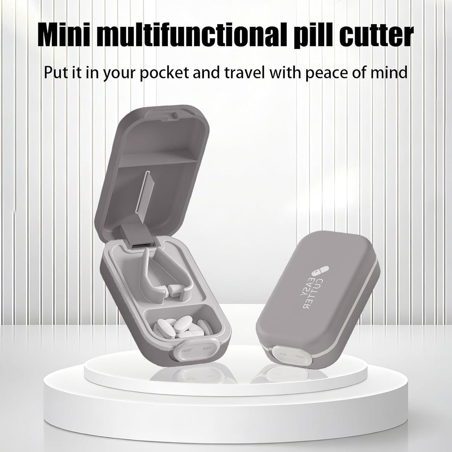 Pill Cutter Splitter for Small or Large Pills with Safety Lock - Accurate and Easy Travel-Friendly Design for Daily Use (Gray)