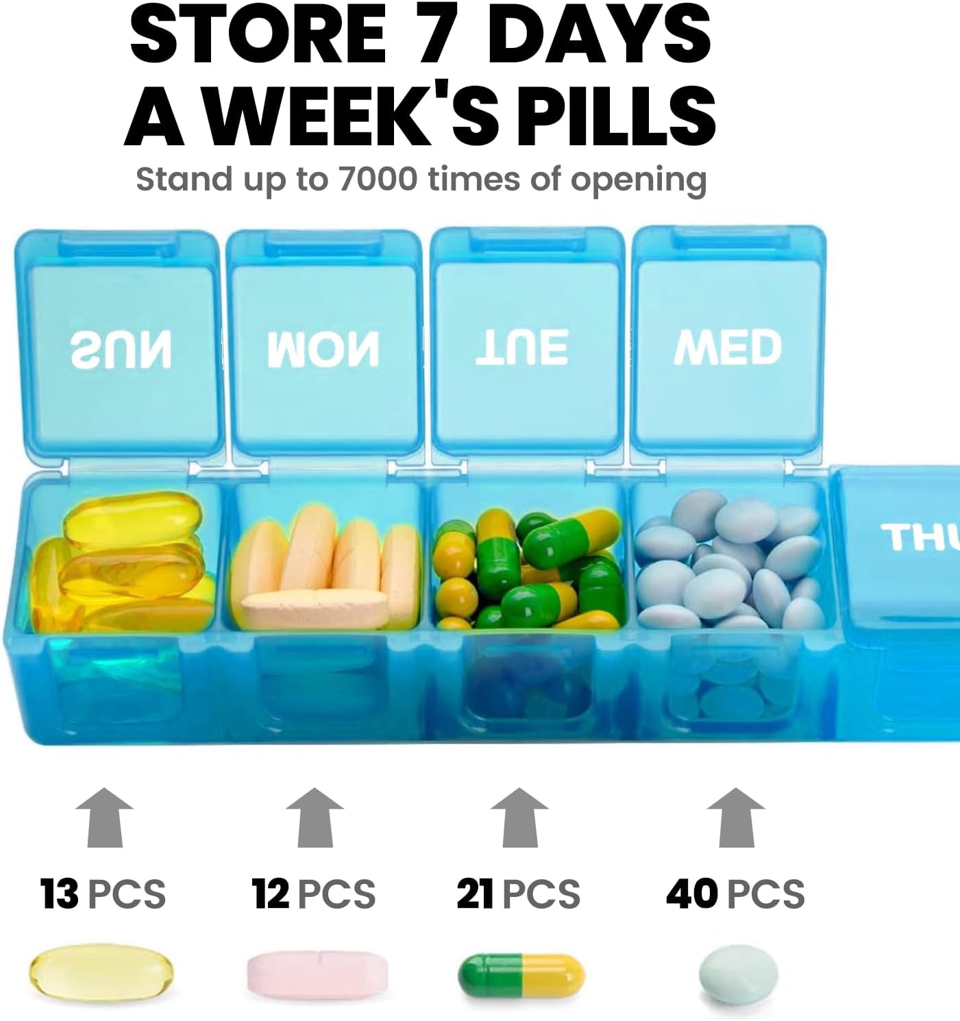 Sukuos Extra Large Weekly Pill Organizer, 7 Day Daily Pill Box Case Arthritis Friendly, Silkscreen Printed Medicine Container with Clear Lid for Vitamins, Fish Oils or Supplements (Blue)