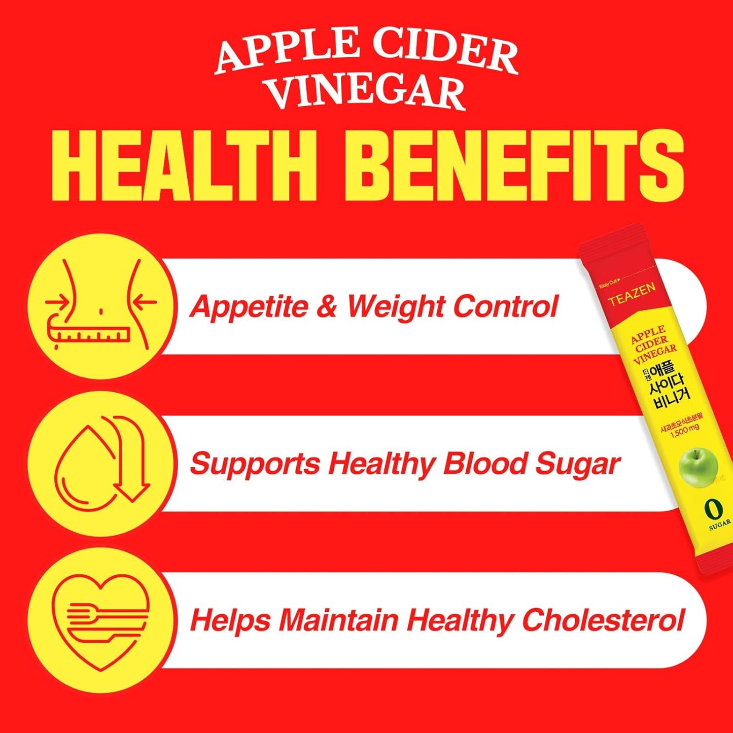 TEAZEN Apple Cider Vinegar Drink Powder Stick – On-the-Go Wellness with 1500mg ACV, Sugar-Free, Postbiotics, 30 Sticks | Supports Digestion & Metabolism