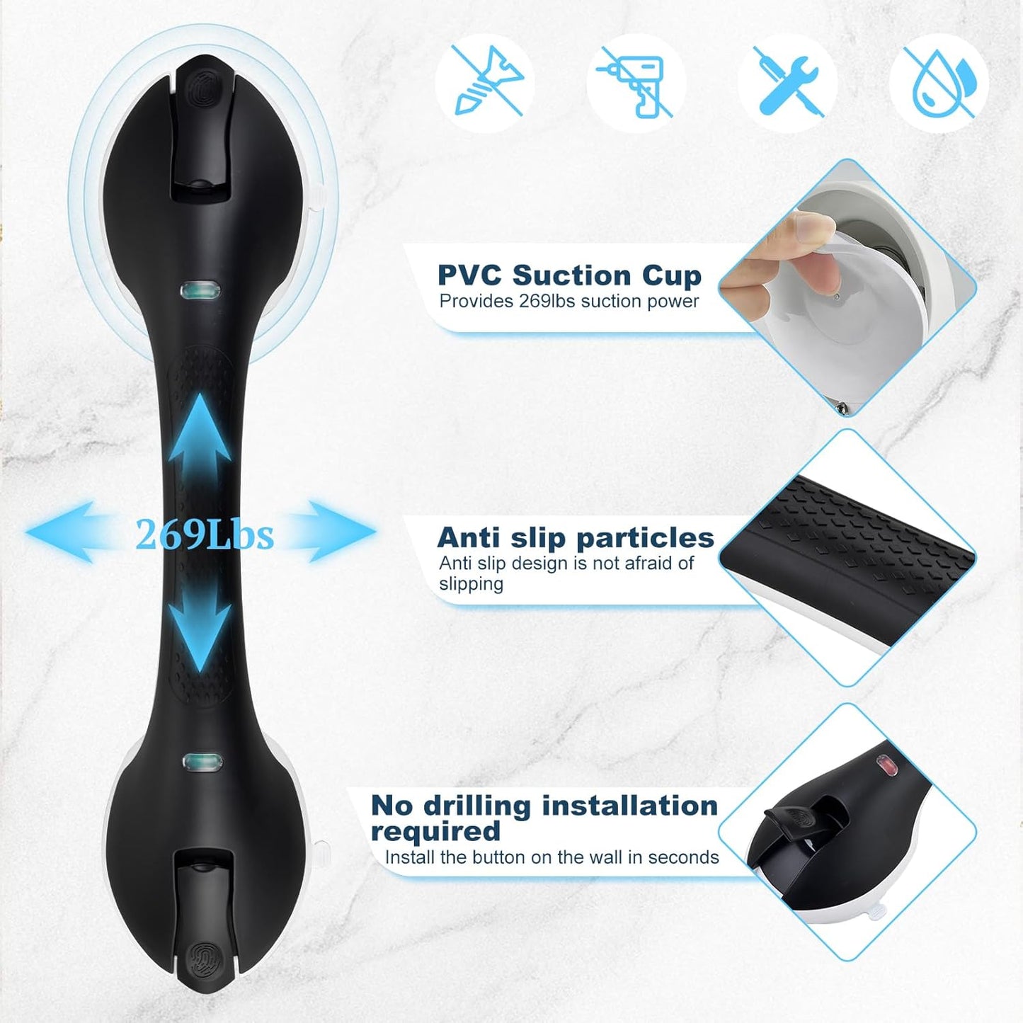 Suction Grab Bars for Bathtubs and Showers, Heavy Duty Shower Handle Removable Shower Handrails for Kids, Bathroom Safety Grip Waterproof(Black)