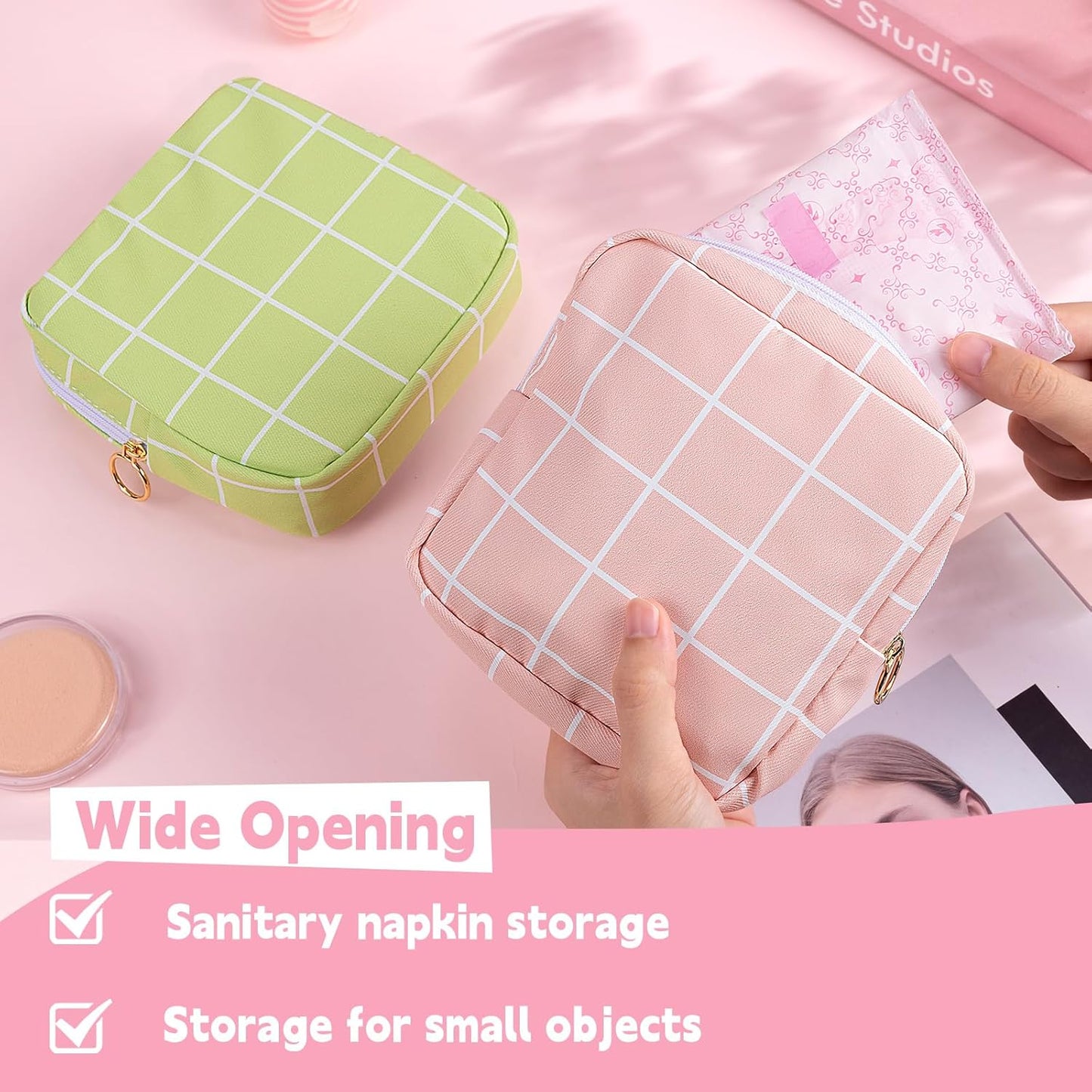 Desing Wish Period Bag Pouch Soft Cloth Sanitary Napkin Storage Bag Portable Menstrual Pad Pouches Tampon Holder for Purse First Period Kit for Girls 9-12 (Rose-Pink Check)