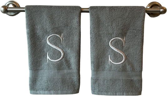 Gray Initial Hand Towel for Bathroom - Monogrammed Luxury Hotel Quality Decorative Embroidered Towel for Powder Room, Spa - GOTS Organic Certified - Set of 2 Silver Letter S