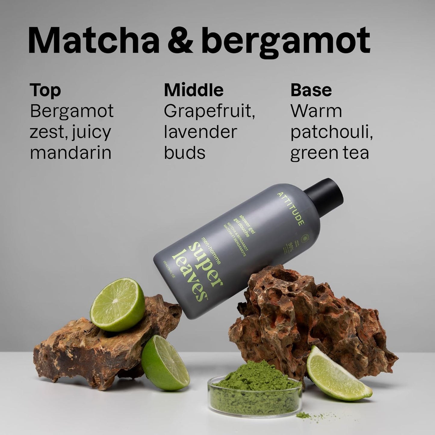 ATTITUDE Shower Gel Body Wash for Men, 98% Natural Origin Ingredients, Paraben & Phthalate Free, EWG Verified, Cleanses Without Drying, Matcha & Bergamot, 14 Fl Oz (Pack of 3)