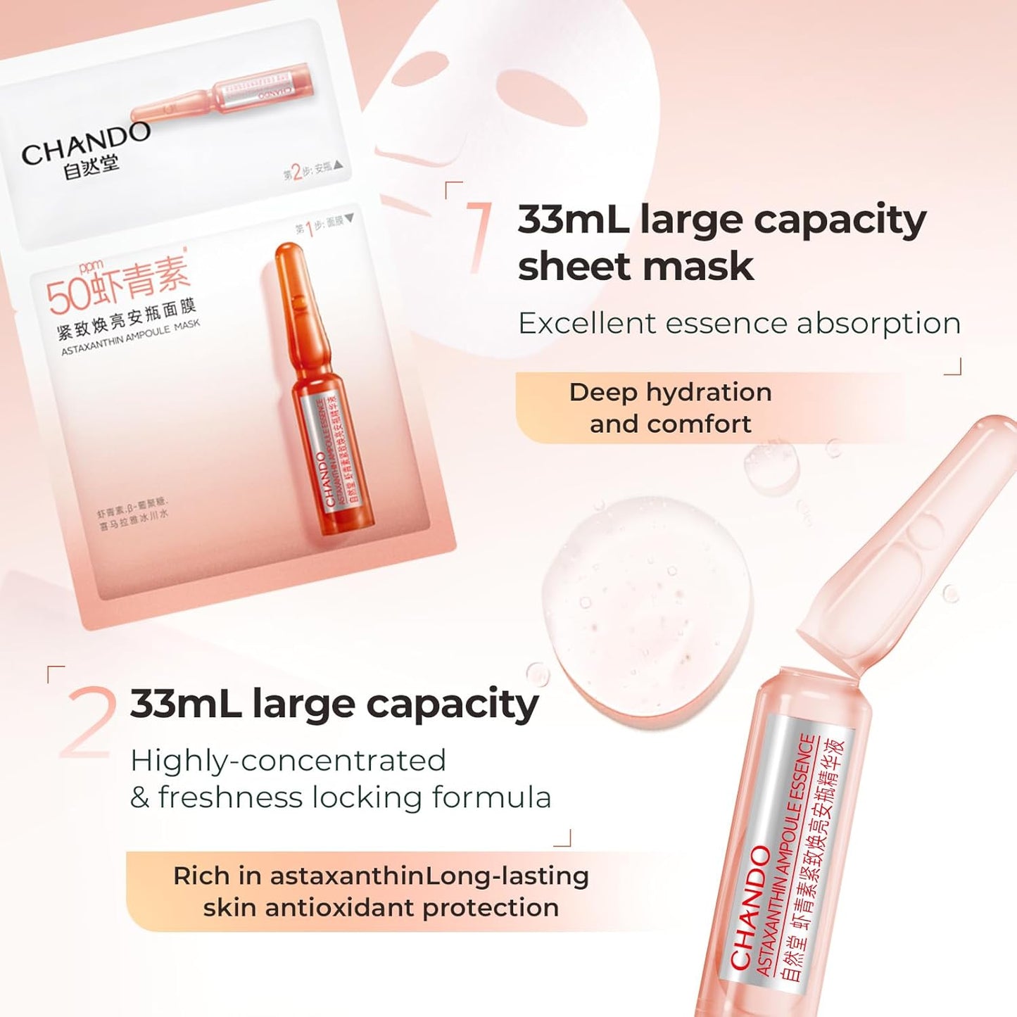 2-Step Astaxanthin Firming Ampoule Mask (1.5ml+33mlx5PCS) - Firming & Radiance-Boosting with Astaxanthin for Wrinkle Reduction and Even Skin Tone