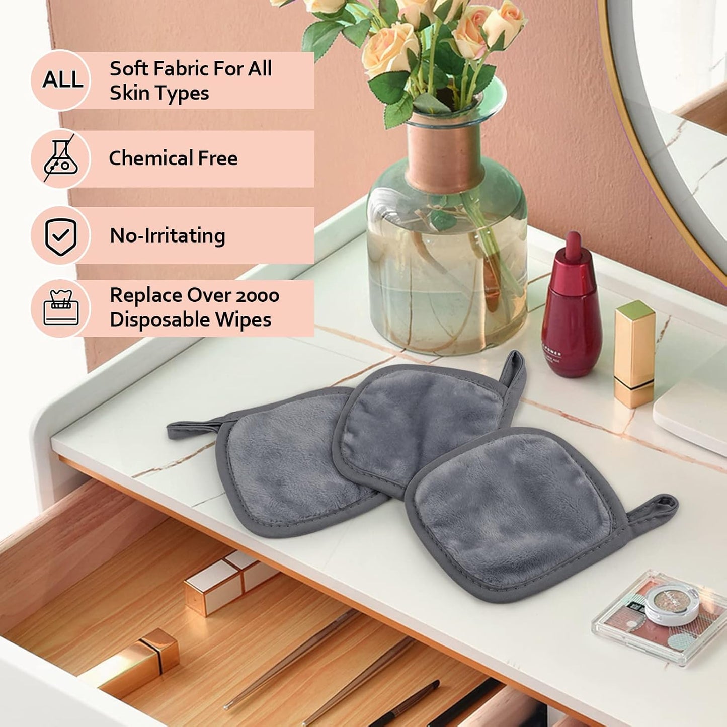 HOMEXCEL Makeup Remover Cloth 12 Pack,Reusable Makeup Remover Pads, Washable Ultra Soft Facial Cleansing Cloths For All Skin Types, 5 X 5 In, Grey