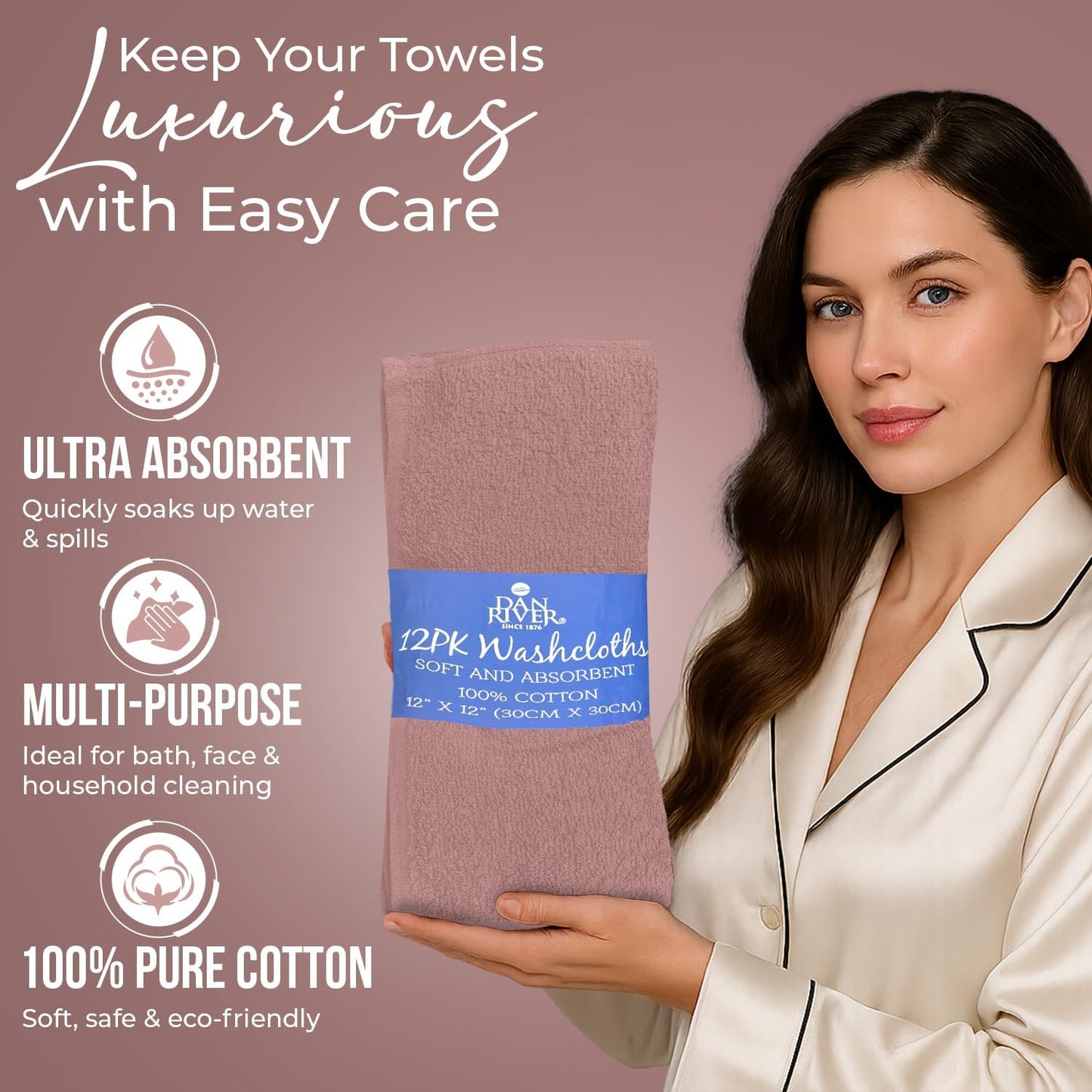 DAN RIVER 100% Cotton Wash Cloths 12 Pack [12x12] Soft & Absorbent wash Cloths for Bathroom, Gym, Hotels & Spa Perfect for Everyday Use Fingertip Towels, Dusty Pink