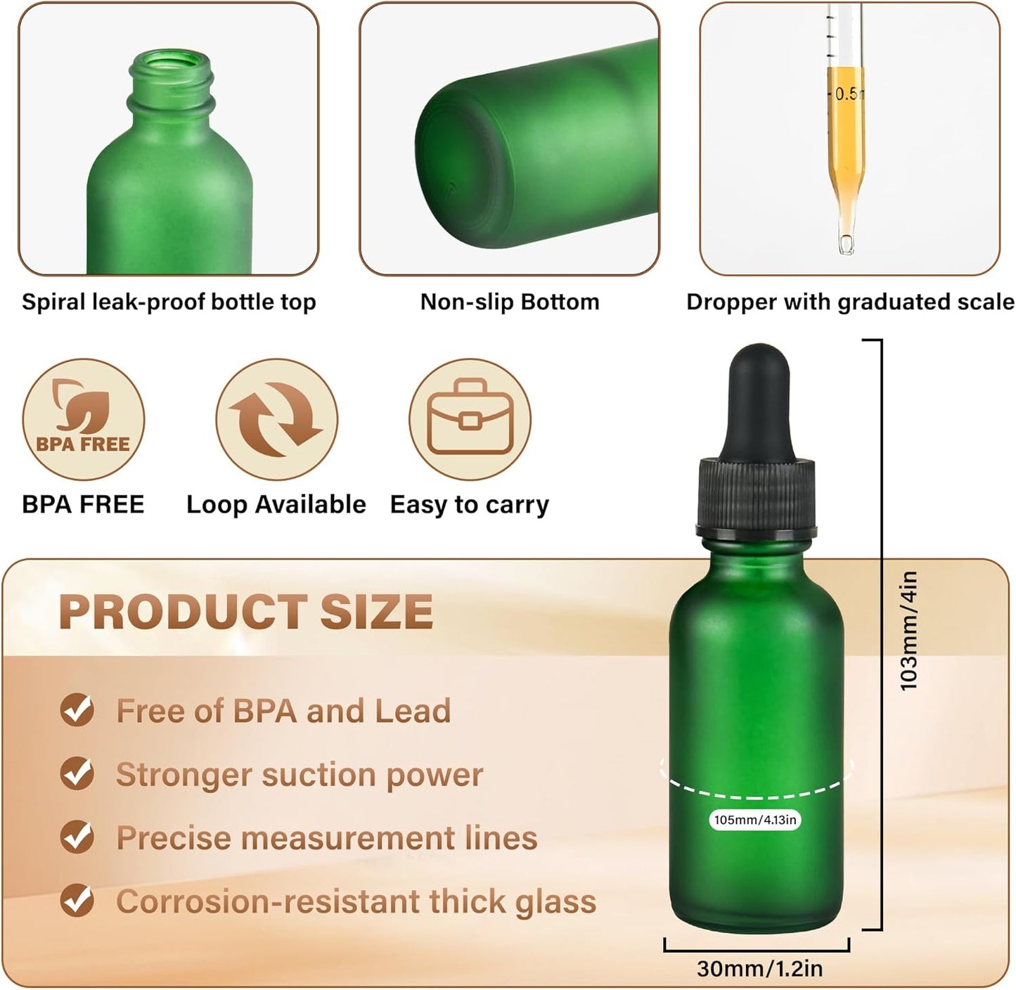 6 Pcs, 1oz Dropper Bottle, Green Glass Eye Dropper Bottle, Tincture Bottles with Dropper, Pretty Finish, Leak-Proof Design, Stronger Suction for All Kinds of Mixed Liquids