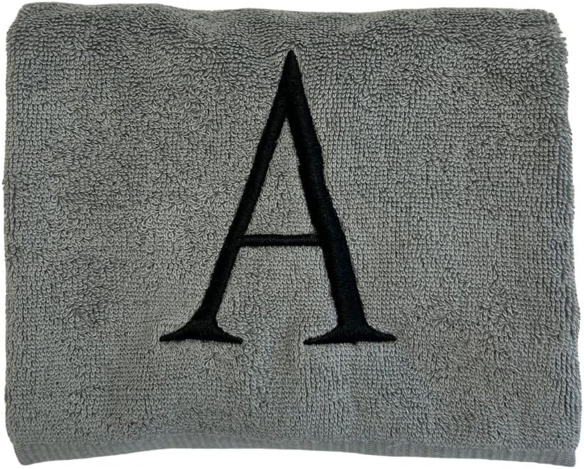 Gray Initial Hand Towel for Bathroom - Monogrammed Luxury Hotel Quality Decorative Embroidered Towel for Powder Room, Spa - GOTS Organic Certified - Set of 2 Black Letter P