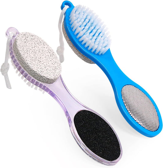 Pumice Stone Brush for Feet - 2 Pack Foot Brush Scrubber 4 in 1 Foot File Pedicure Paddle Kit for Foot Care (Lilac and Blue)