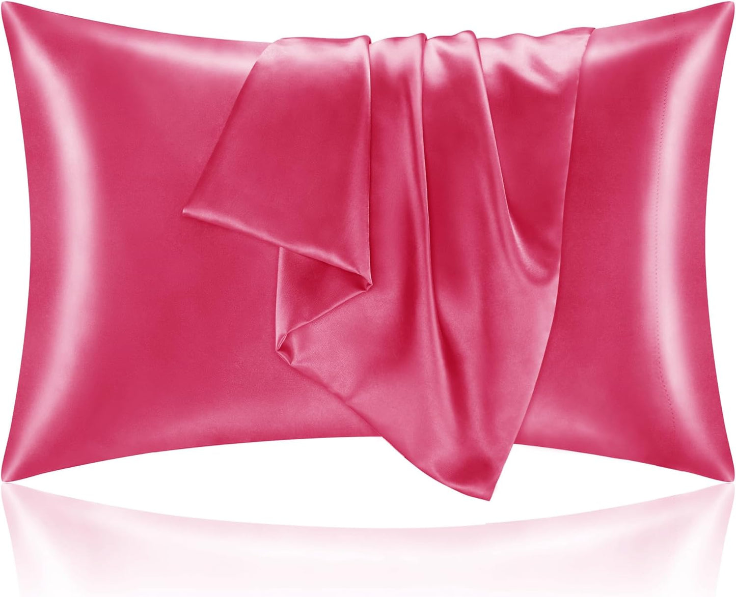 BEDELITE Satin Pillowcase for Hair and Skin, Super Soft and Cooling Similar to Silk Pillow Cases 2 Pack with Envelope Closure, Gift for Women Men(20"x26" Standard Size, Hot Pink)