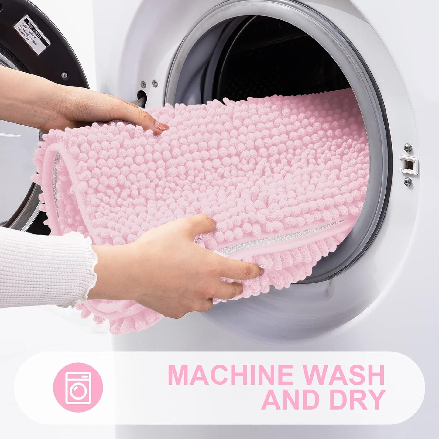 Grandaily Chenille Striped Bathroom Rugs 59x24, Extra Thick and Absorbent Bath Mats, Non-Slip Soft Plush Shaggy Shower Carpet, Machine Wash Dry, Bath Rug for Bathroom, Pink