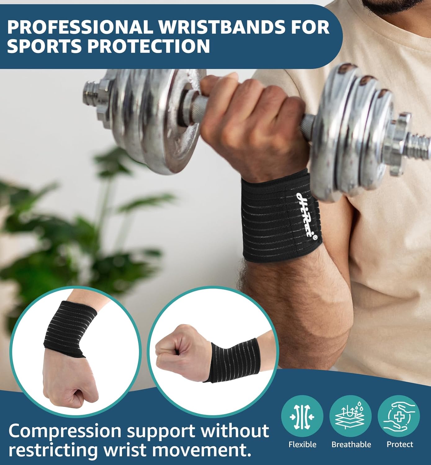 HiRui 2-Pack High-Elastic Wrist Support Straps Wrist Compression Bandage - Wrist Wraps Wristbands for Carpal Tunnel Arthritis Tendonitis Weightlifting Tennis Basketball - Breathable Soft (Black)
