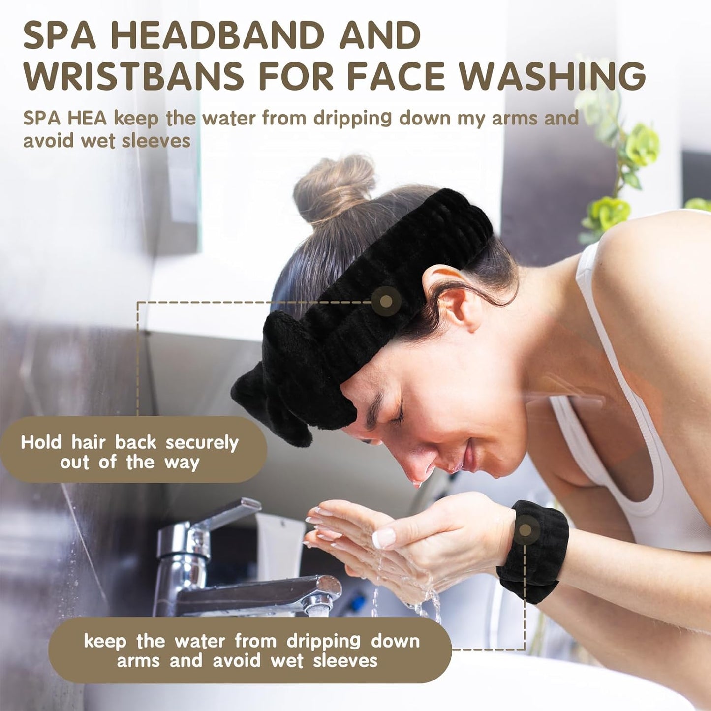 WSYUB Spa Headband and Wristbands for Face Washing,Face Wash Headband and Wristband Set,Black and Pink,6pcs