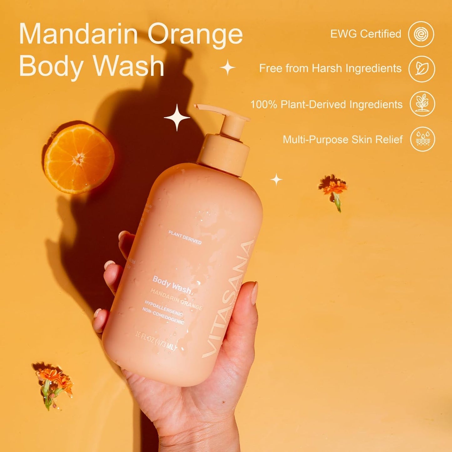 Natural Body Wash for Sensitive Skin, 16 oz – Mandarin Orange Scent, 98.9% Plant‑Derived, EWG Verified, Hypoallergenic, Paraben‑Free, Sulfate‑Free, Cruelty‑Free