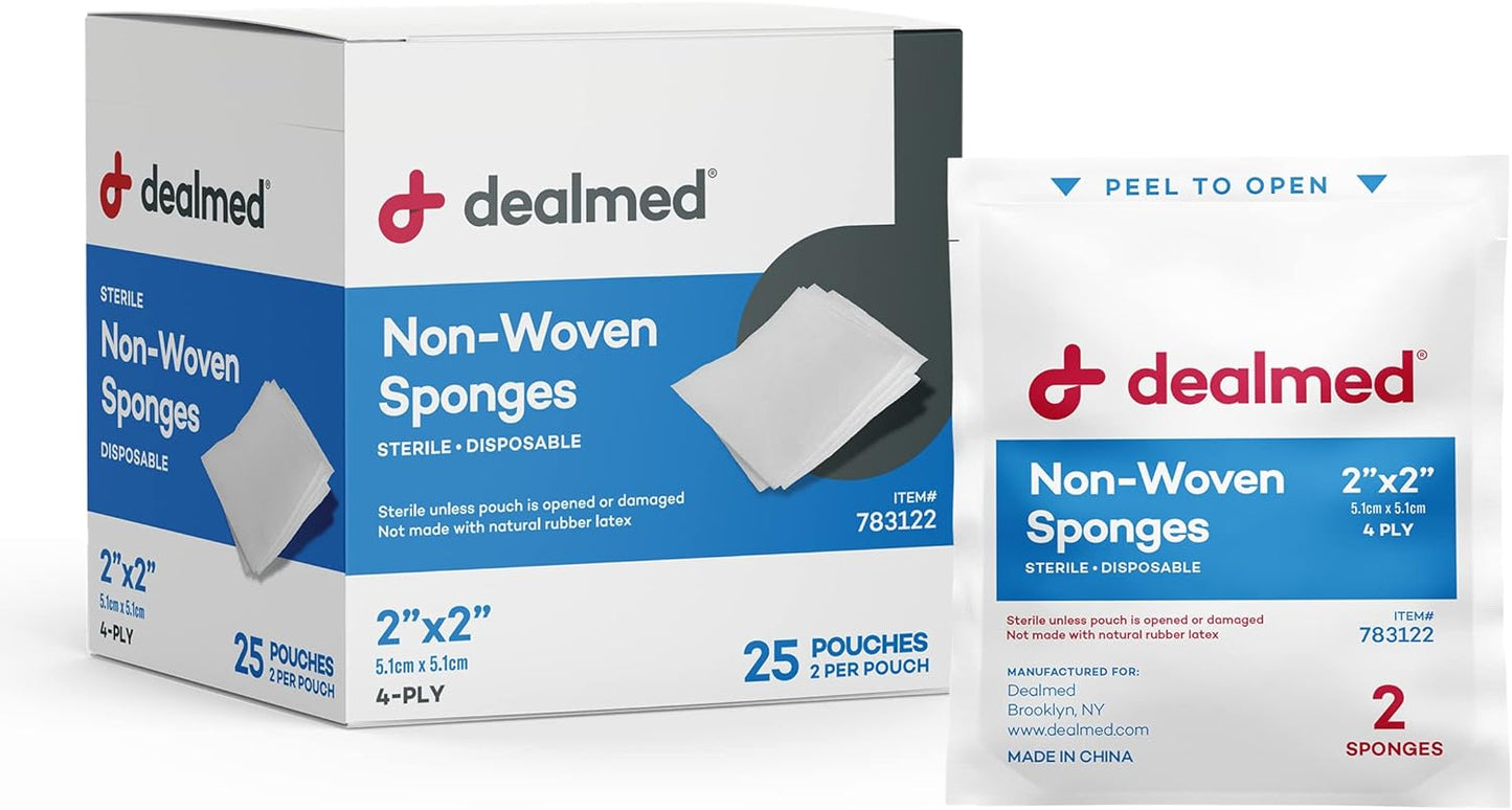 Dealmed Premium Non-Woven Sponges – 2" x 2" 4-Ply Non-Woven Gauze Pads, 25 Pouches, 2 Per Pouch (Pack of 30), Absorbent Gauze Sponges, Wound Care Product for First Aid Kits and Medical Facilities