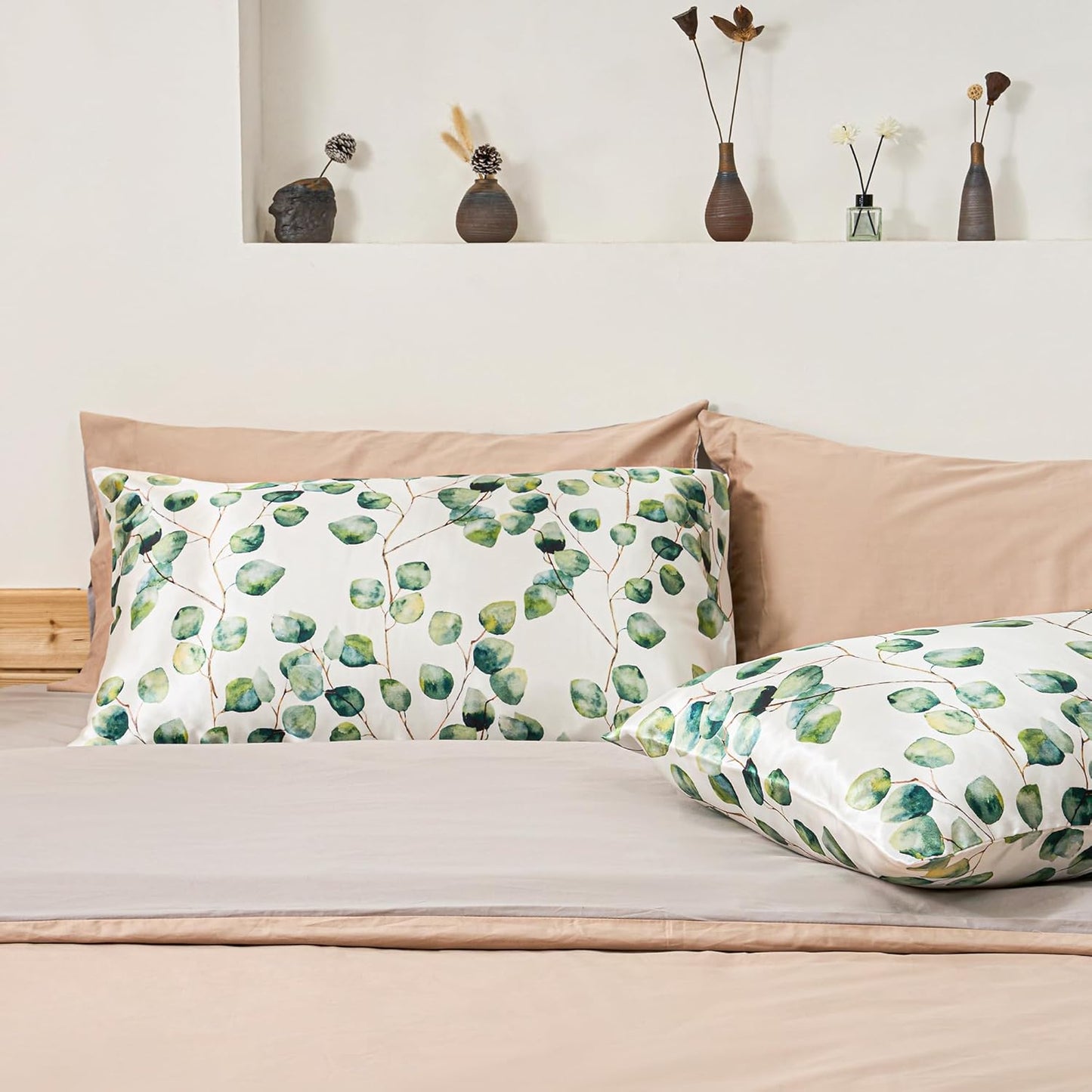 EXQ Home Satin Pillowcase Silky Satin Pillowcase for Hair and Skin,Soft Cooling Printed Pillow Cases Queen Size Set of 2 Satin Pillow Case with Envelope Closure Ink Leaf