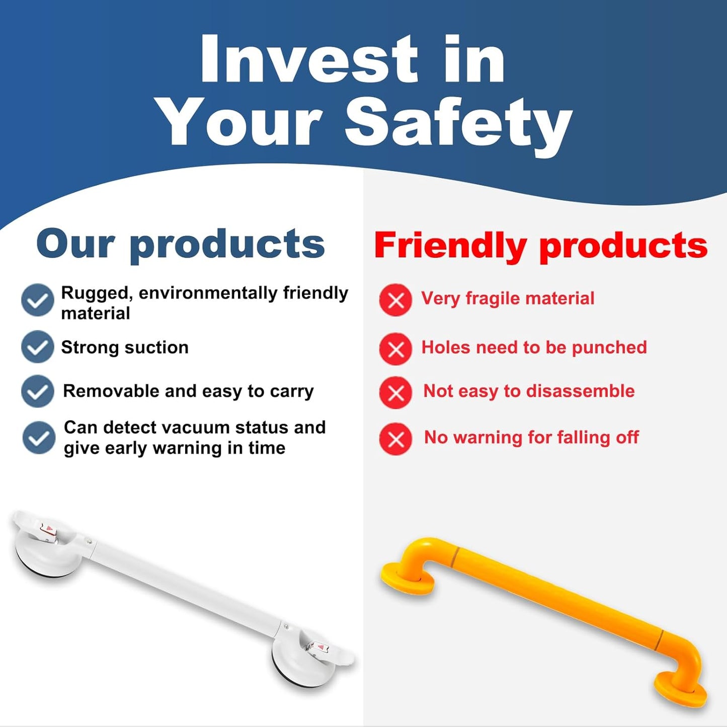 Shower Handle Upgraded 21 inch Grab Bar for Bathtub,Shower Handles with Strong Suction Cup,Bathroom Safety Grab Bar for Handicap Elderly Seniors and Disabled,White