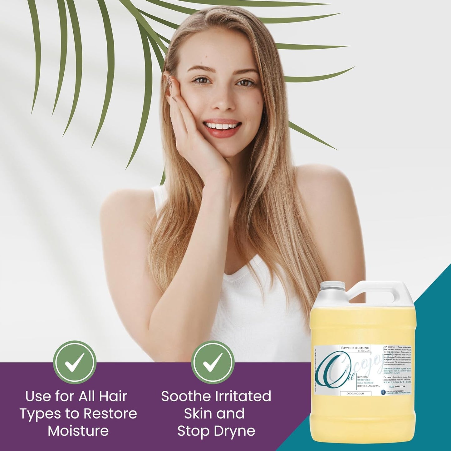 cocojojo Pure Bitter Almond Oil - Unrefined, Cold Pressed, Extra Virgin, All Natural - Perfect for Hair, Face, Skin, Nails (1 Gallon)