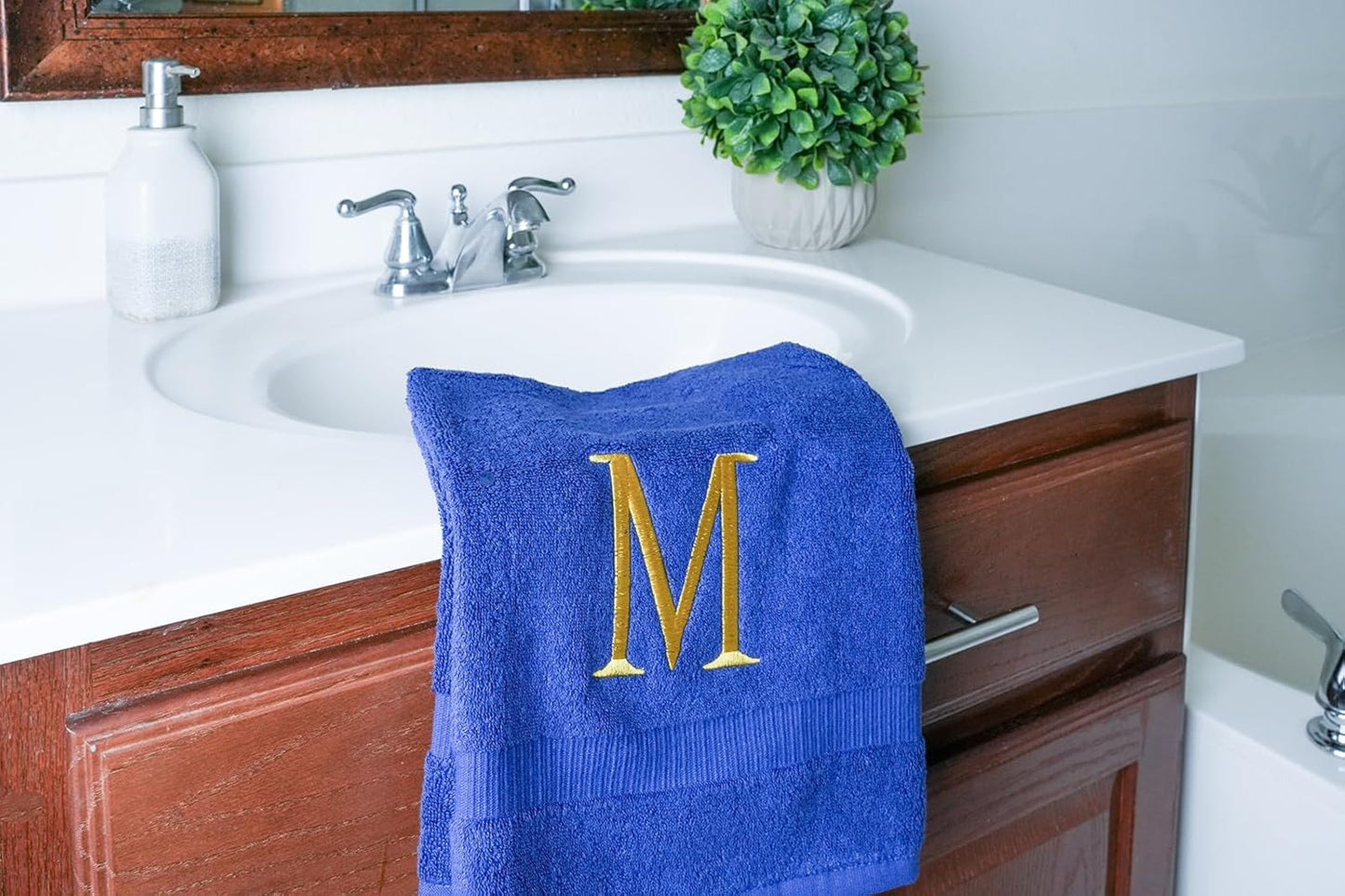 Navy Initial Hand Towel for Bathroom - Monogrammed Luxury Hotel Quality Decorative Embroidered Towel for Powder Room, Spa - GOTS Organic Certified - Pack of 2, Letter M