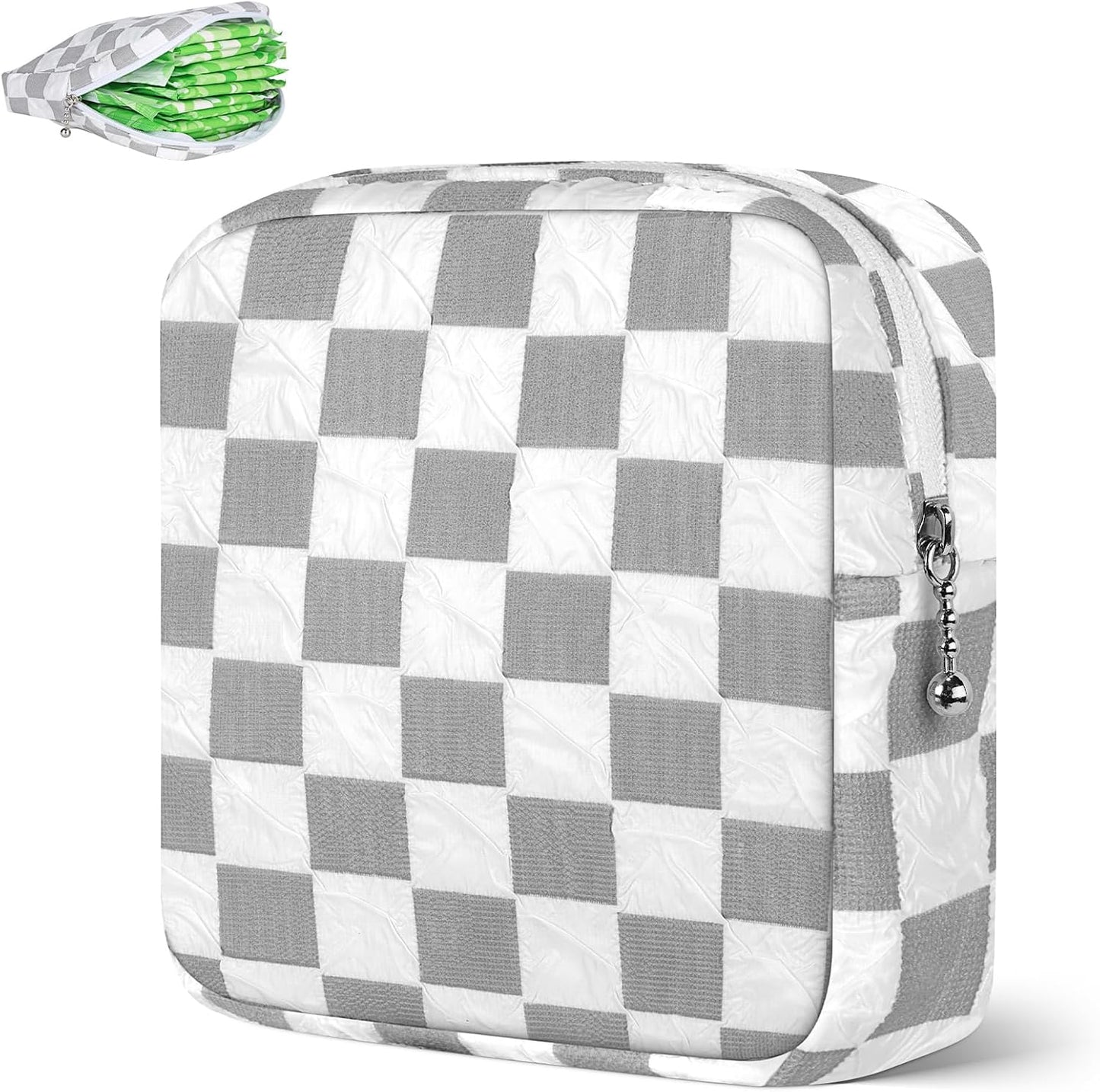 Desing Wish Sanitary Napkin Storage Bag Polyester Fabric Period Bag for Teen Girls Sanitary Pad Pouch for Sanitary Napkins/Tampons/Panty Liners Privacy Protector Pad Bag (Bubble-Check, White)