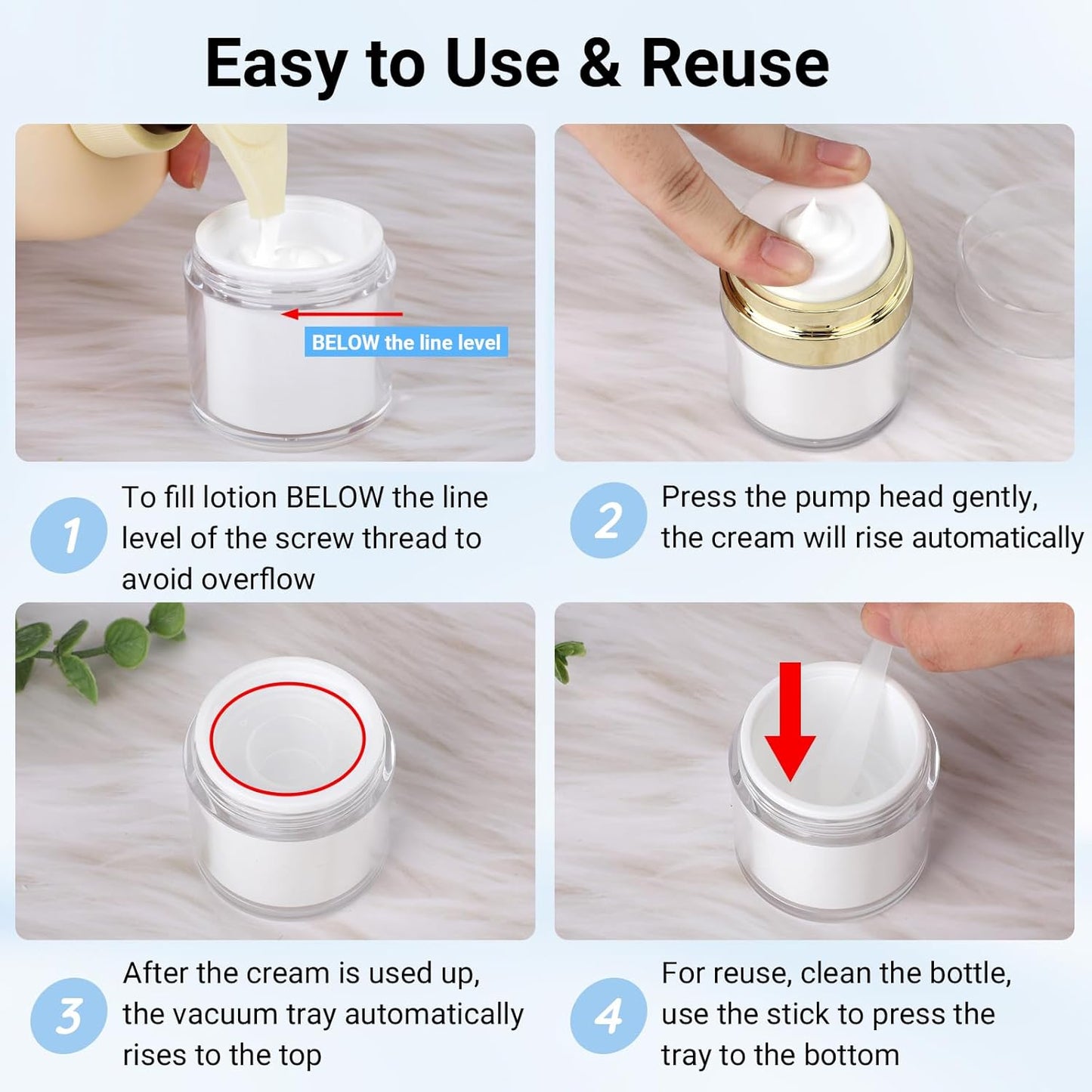 Segbeauty 3Pack Airless Pump Jar Lotion Container, Mixed Pack Empty Cream Subpackage Jar Vacuum Bottle Dispenser, Gold Refillable Cream Vacuum Bottles Travel Size for Lotion Moisturizer Creams