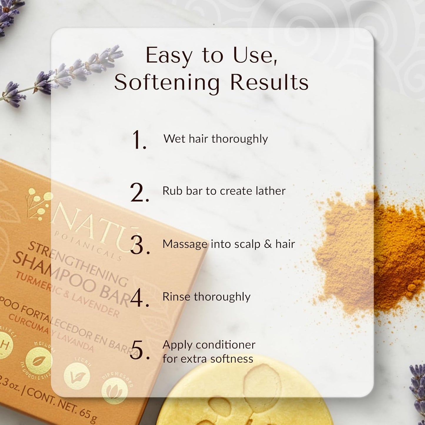 NATÚ BOTANICALS Strengthening Solid Shampoo Bar – Turmeric & Lavender - Clarifying Shampoo with Tea Tree Oil For Scalp - Moisturizes, Strengthens & Soothes Hair & Scalp - Sulfate & Paraben-Free, 2.3oz