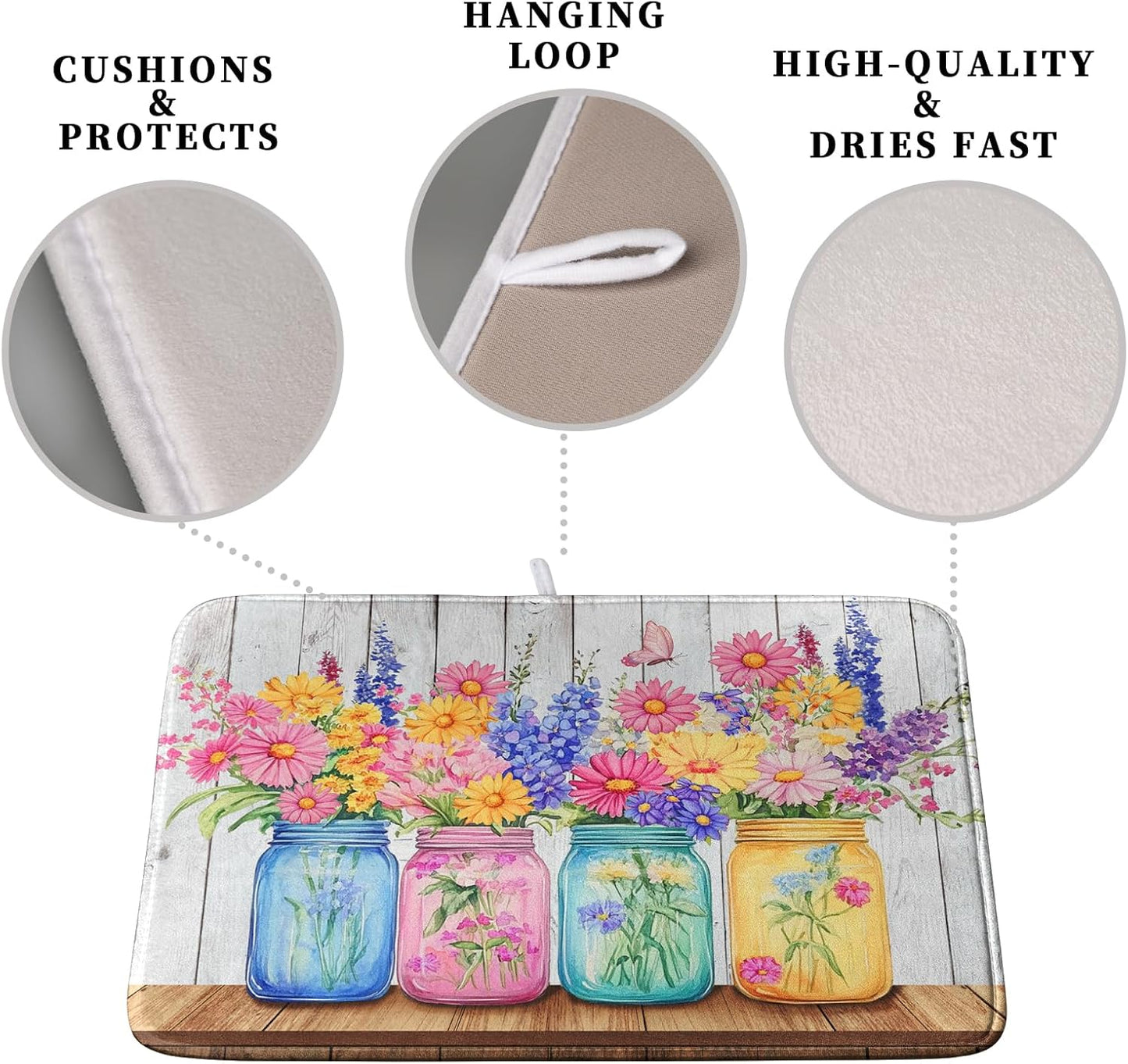 Daisy Dish Drying Mat for Kitchen Counter Spring Summer Flowers Vases Dishes Pad Microfiber Absorbent Dish Draining Mats Rustic Farmhouse Floral Wooden Board Dish Drainer Rack Mat 18x24 Inch