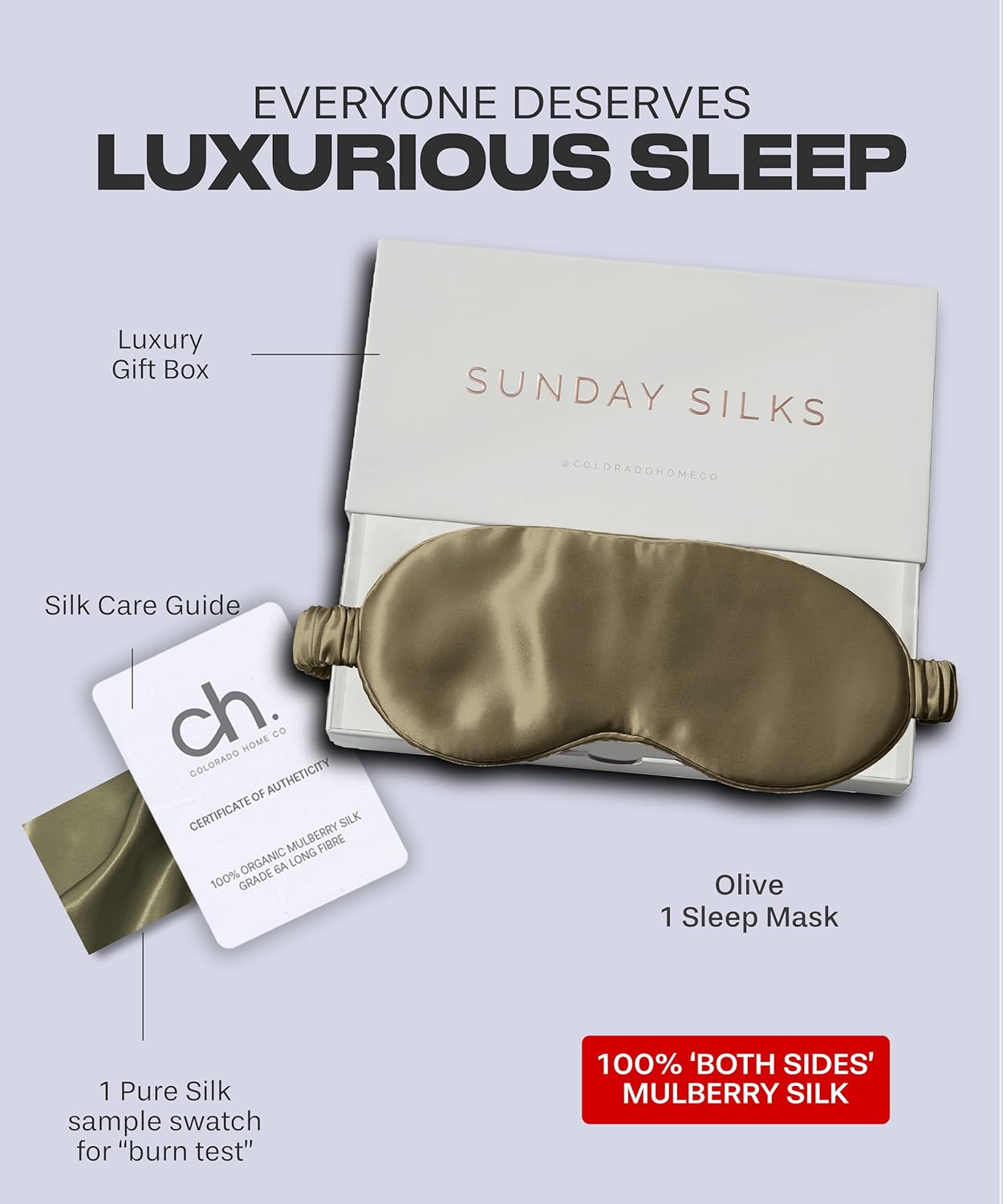 SUNDAYSILKS™ Exclusive Mulberry Silk Sleep Mask | Soft Eye Covers, Blackout Sleeping Mask for Women & Men | Silk Eye Mask for Sleep, Travel, and Relaxation | Antifaz para Dormir [Olive]