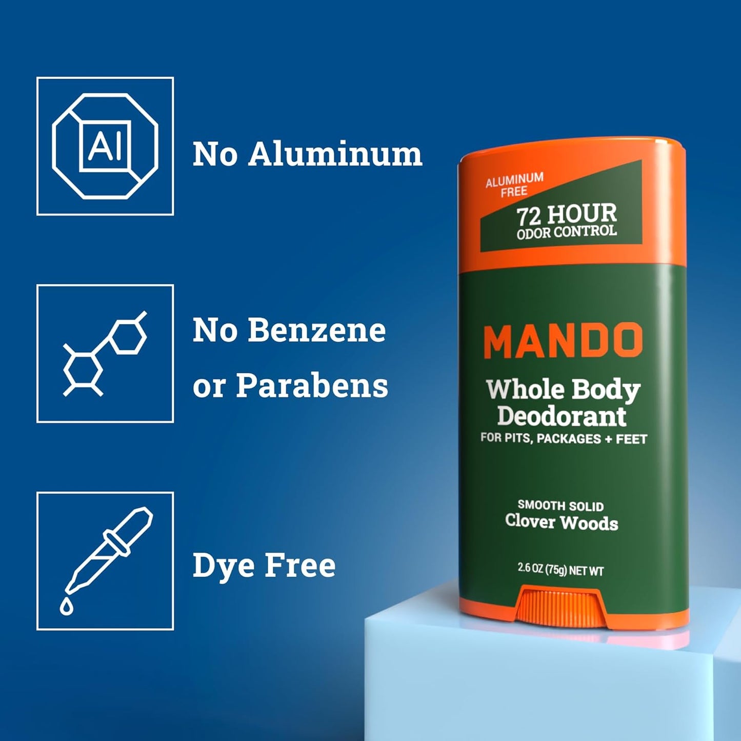 Mando Whole Body Deodorant For Men - Smooth Solid Stick - 72 Hour Odor Control - Aluminum Free, Baking Soda Free, Skin Safe - 2.6 Ounce (Pack of 2) - Clover Woods