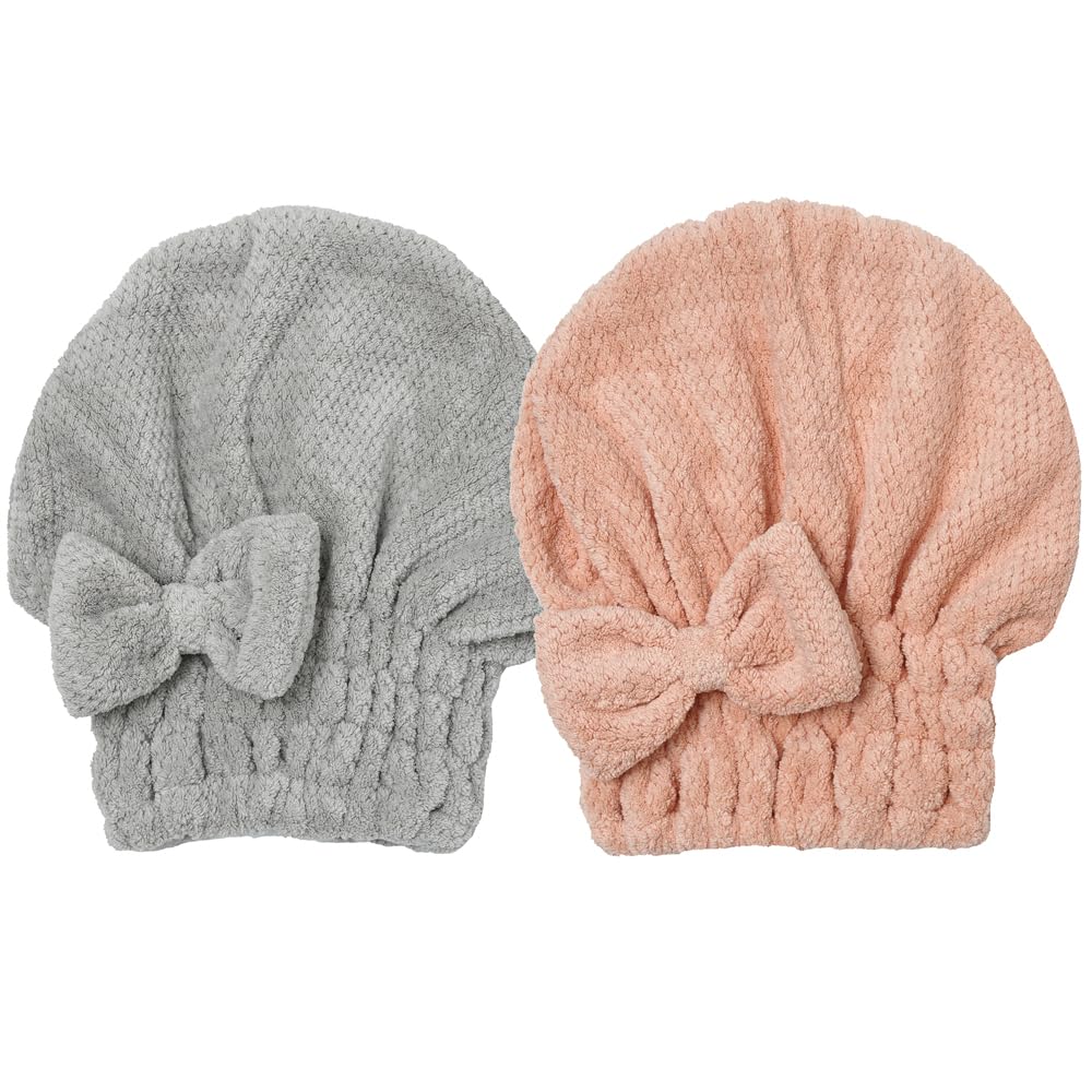 Microfiber Hair Towel, Hair Towel Cap,Absorbent Hair Turban Towel,Hair Drying Towel to Dry Curly or Straight Short Hair Quickly(Pink&Gray)